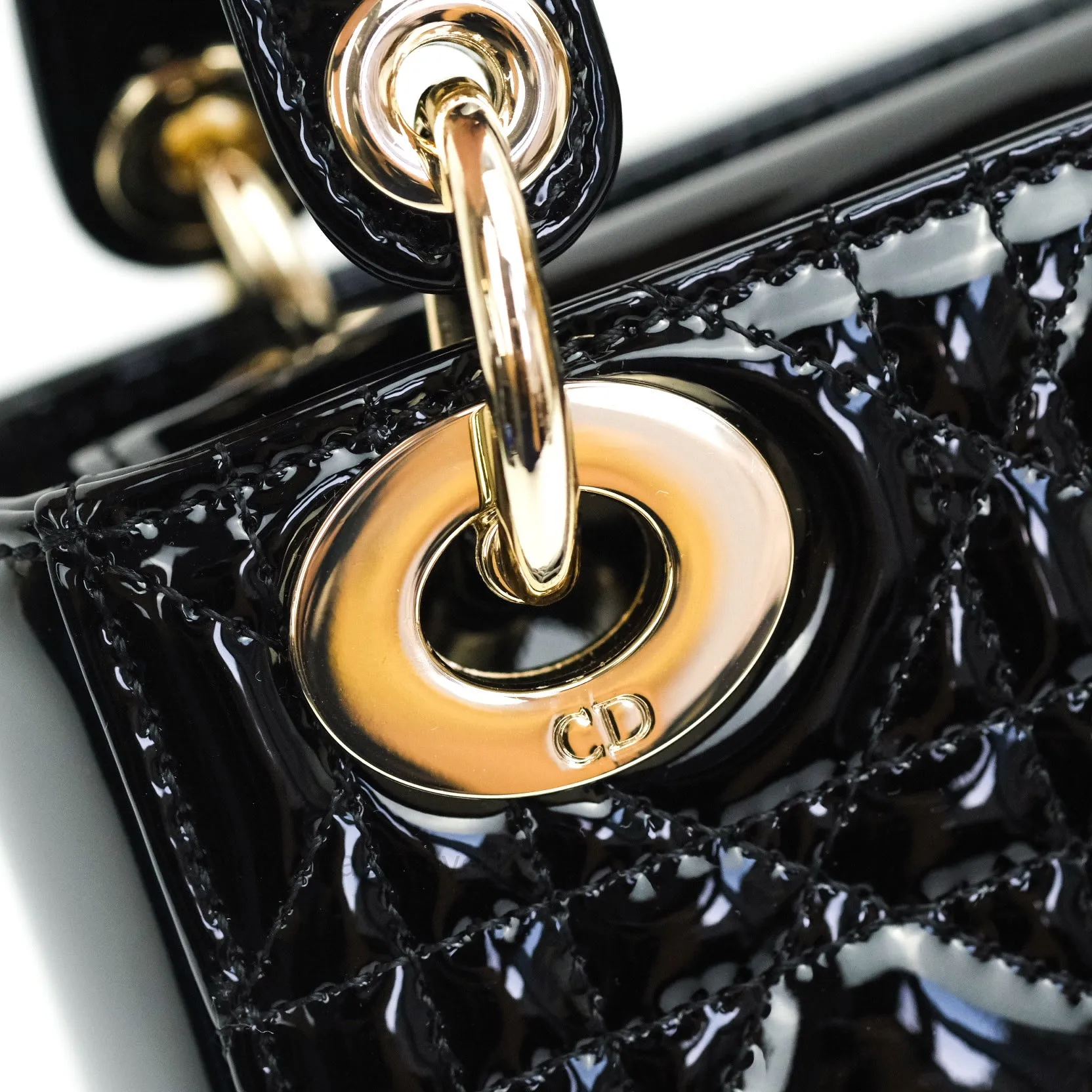 Christian Dior Mini Lady Dior Black Patent Light Gold Hardware