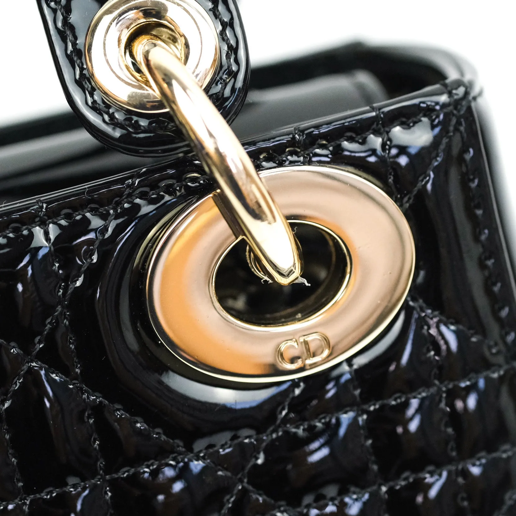 Christian Dior Mini Lady Dior Black Patent Light Gold Hardware