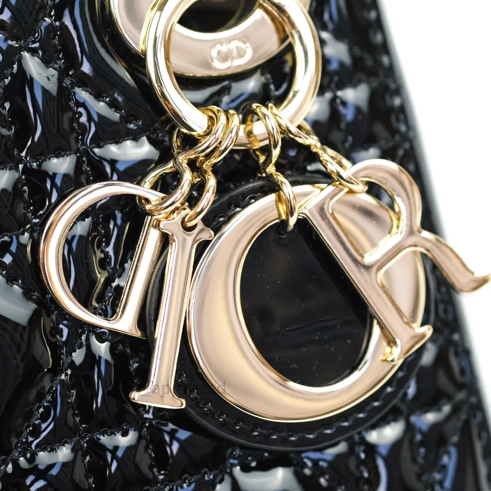 Christian Dior Mini Lady Dior Black Patent Light Gold Hardware