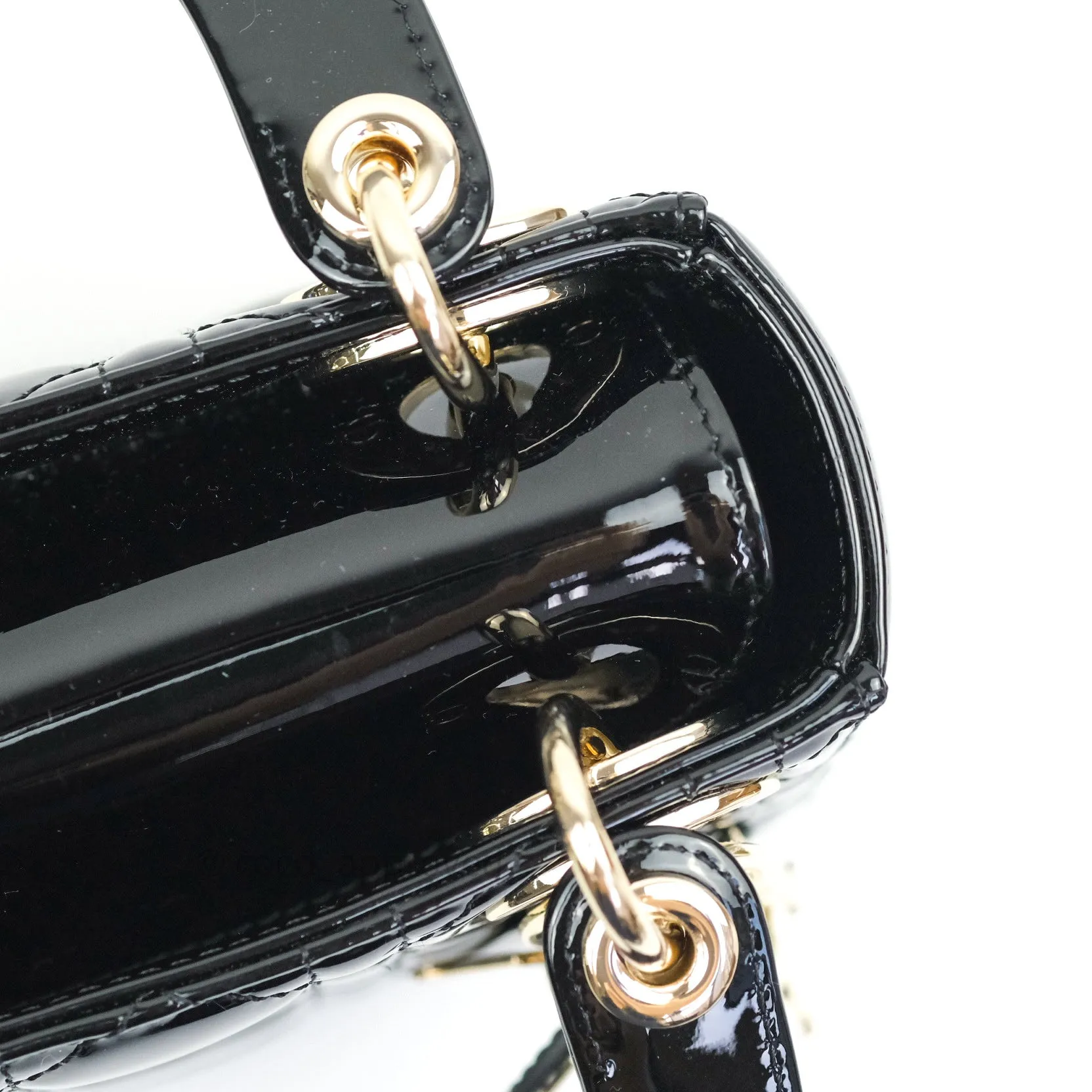 Christian Dior Mini Lady Dior Black Patent Light Gold Hardware