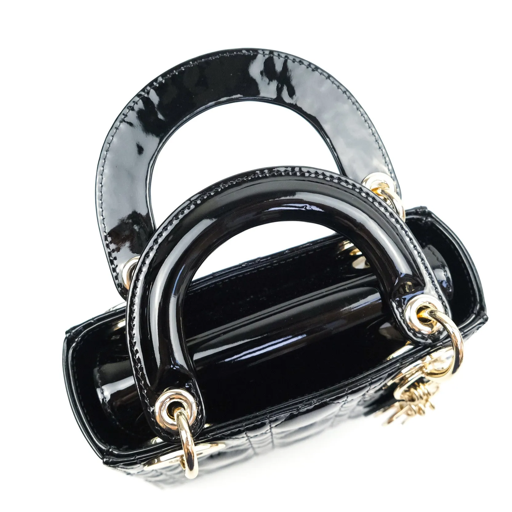 Christian Dior Mini Lady Dior Black Patent Light Gold Hardware