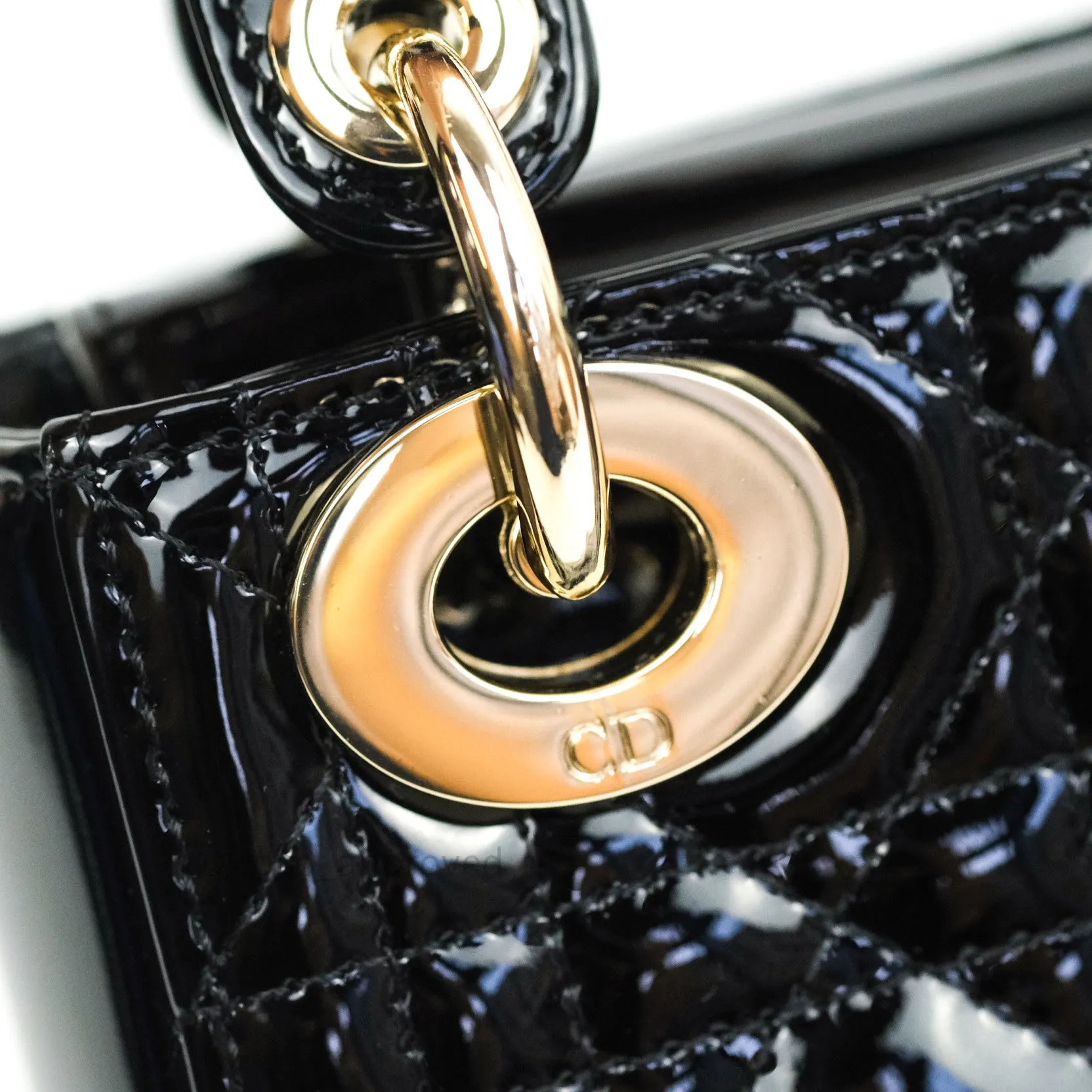 Christian Dior Mini Lady Dior Black Patent Light Gold Hardware