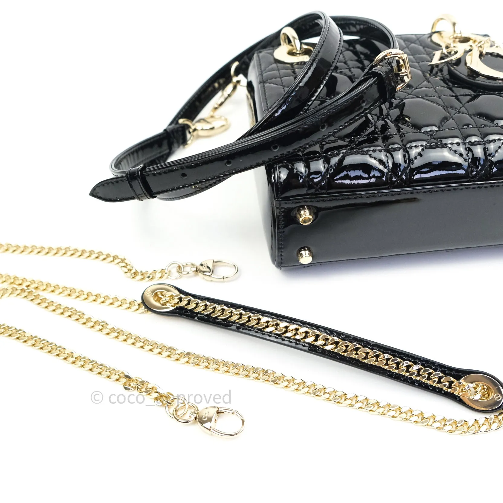 Christian Dior Mini Lady Dior Black Patent Light Gold Hardware