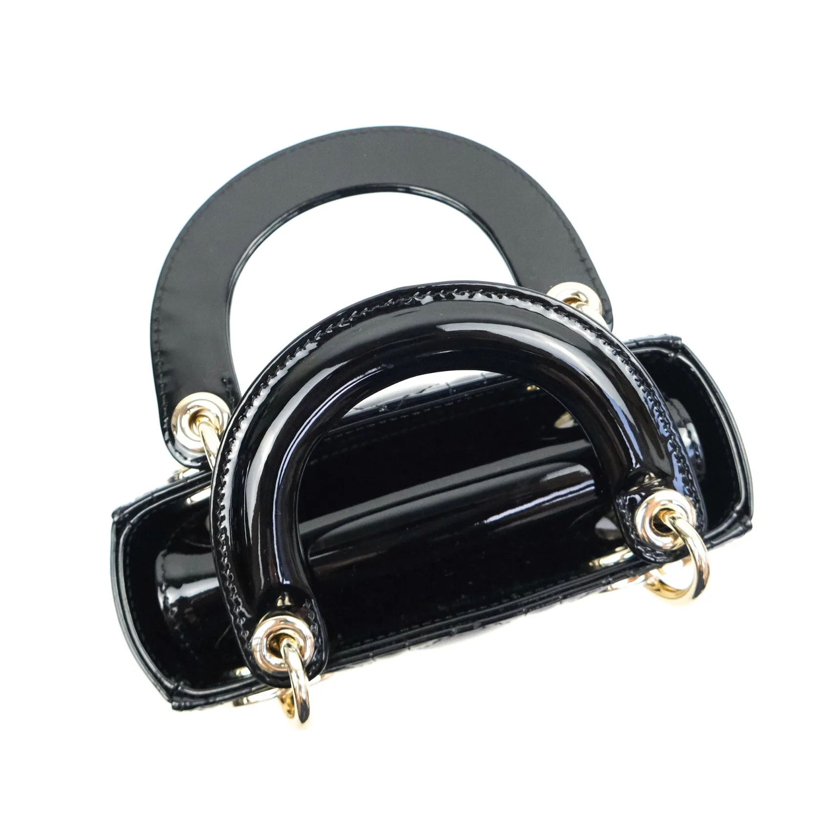Christian Dior Mini Lady Dior Black Patent Light Gold Hardware