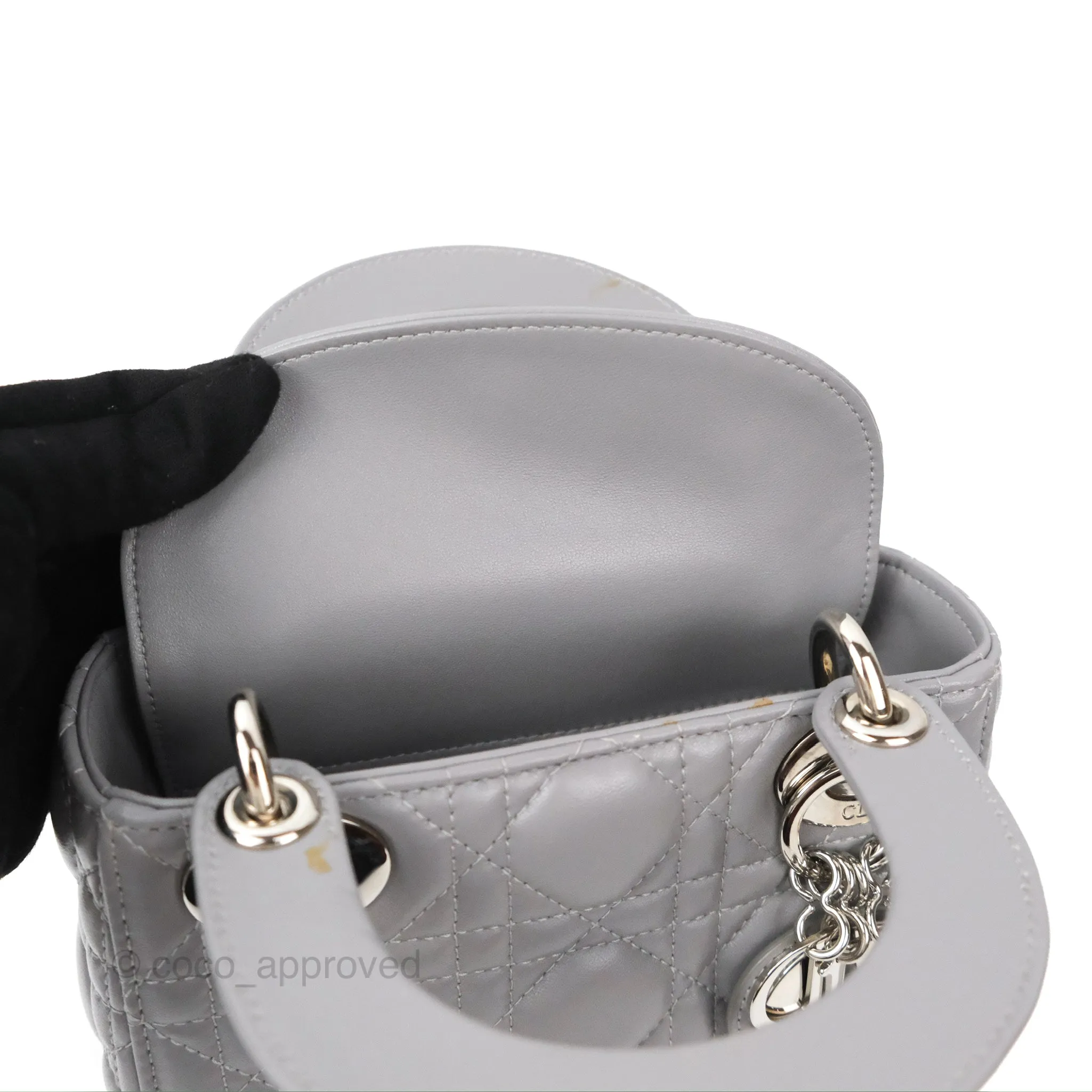 Christian Dior Mini Lady Dior Grey Lambskin Cannage Silver Hardware