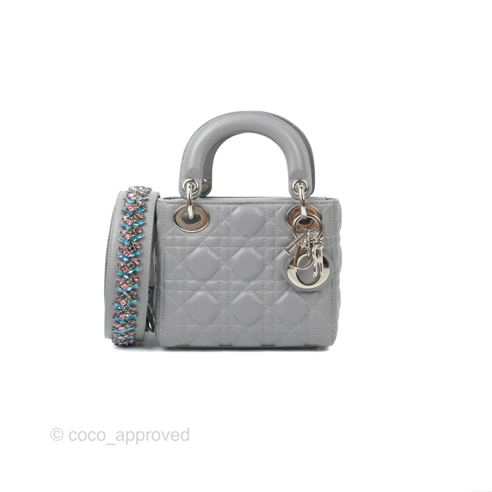 Christian Dior Mini Lady Dior Grey Lambskin Cannage Silver Hardware