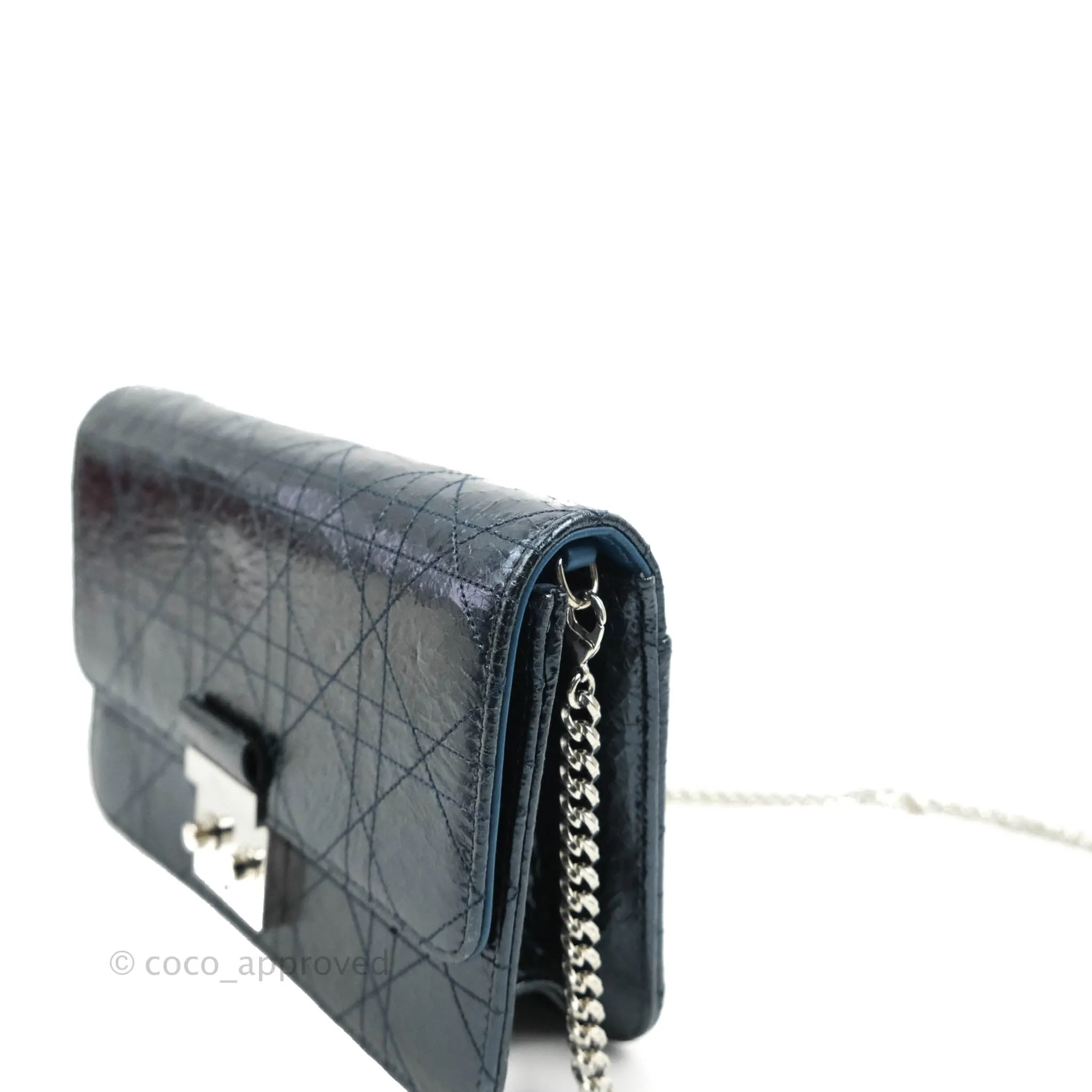 Christian Dior Miss Dior WOC Cannage Metallic Blue Silver Hardware
