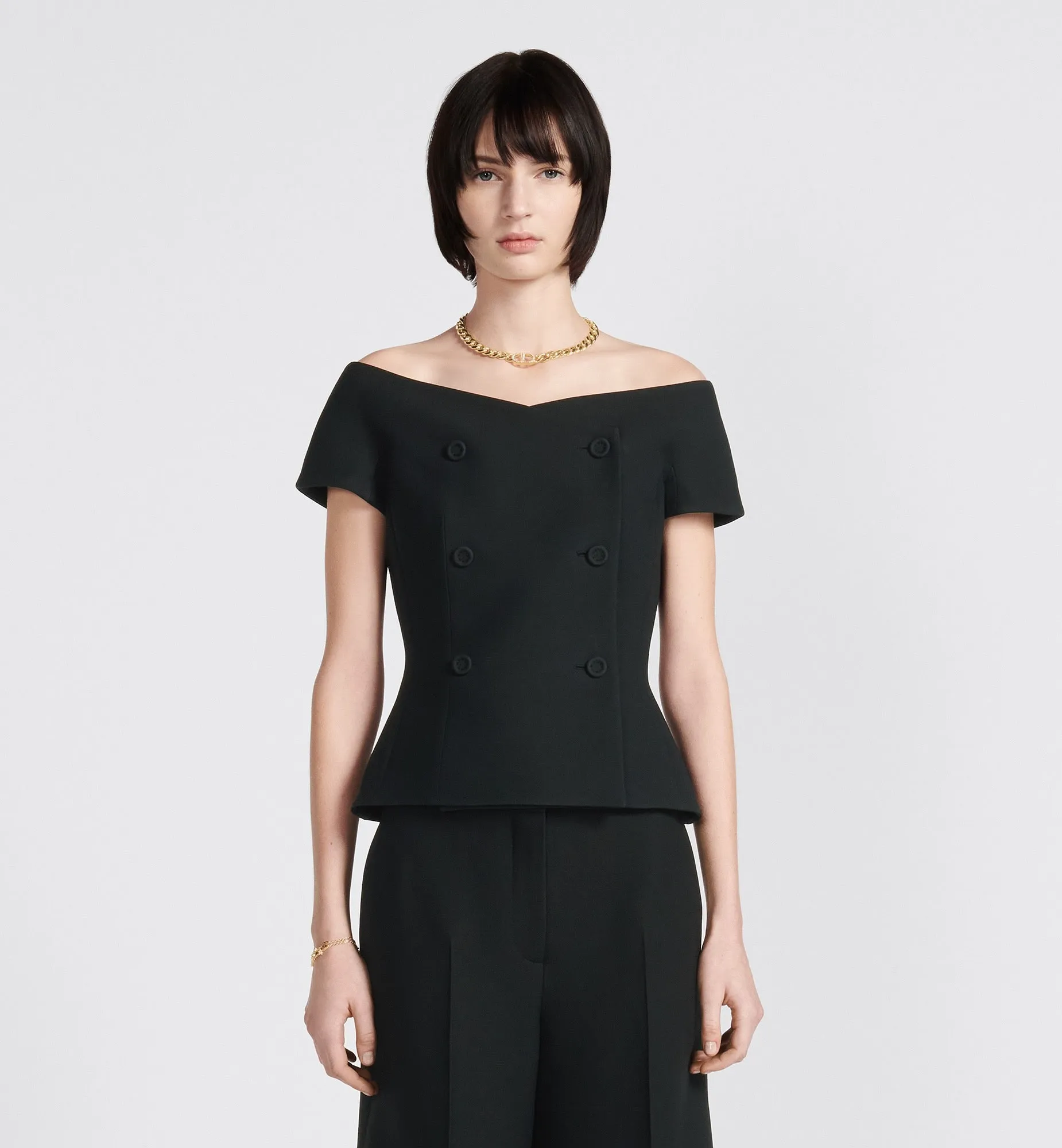 Christian Dior Off-The-Shoulder Double-Breasted Jacket Black Wool Silk Size 34