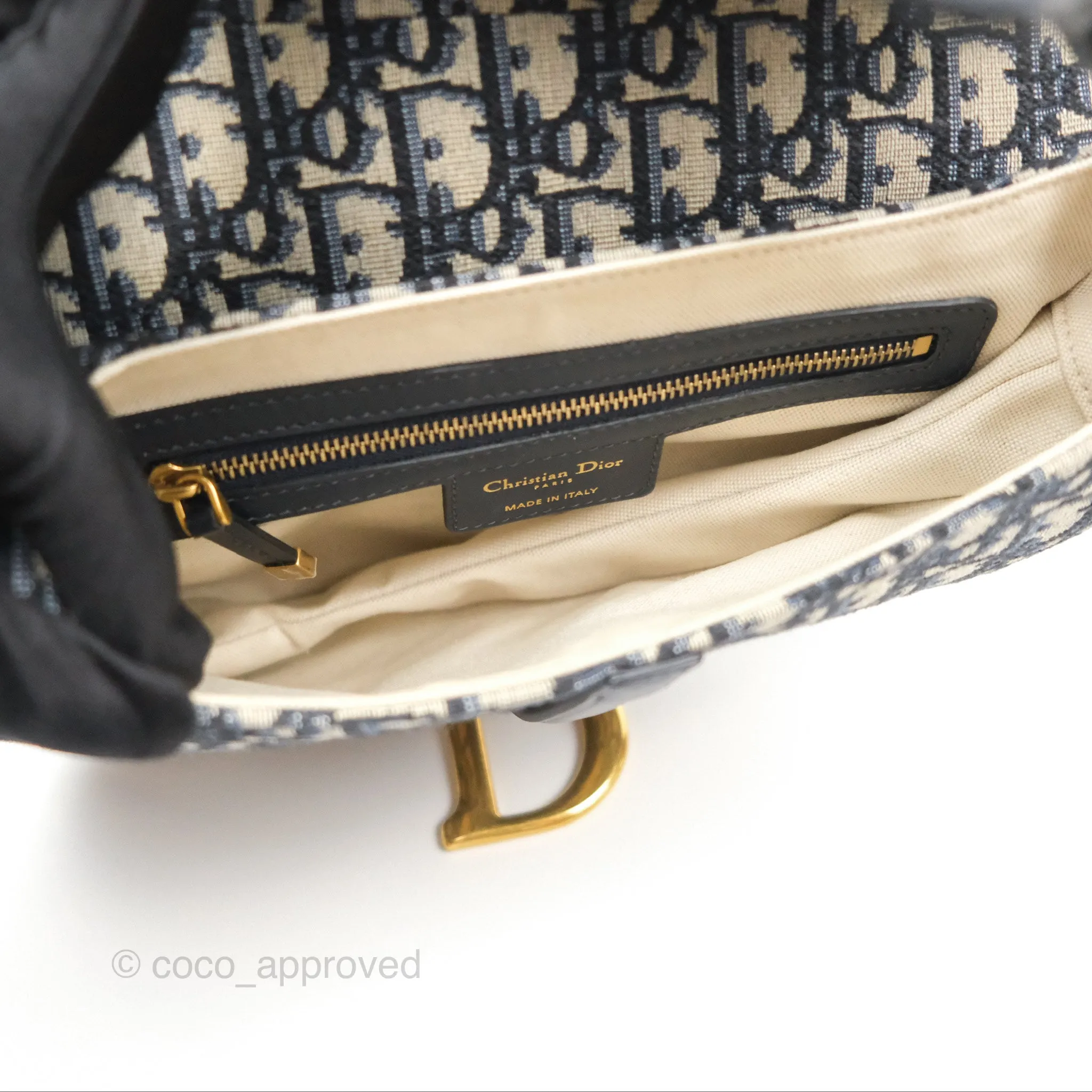 Christian Dior Saddle Bag Navy Dior Oblique Embroidery Gold Hardware