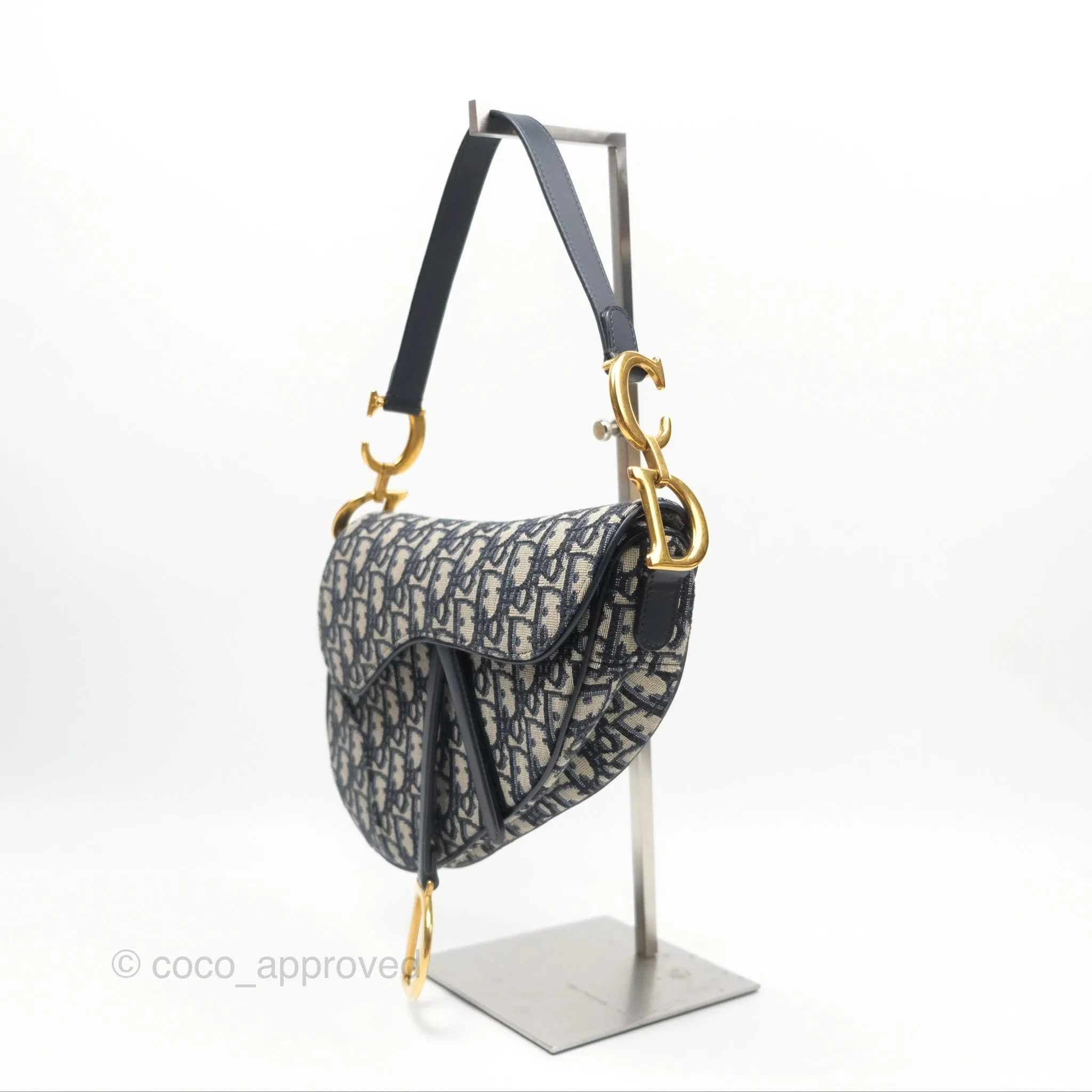 Christian Dior Saddle Bag Navy Dior Oblique Embroidery Gold Hardware