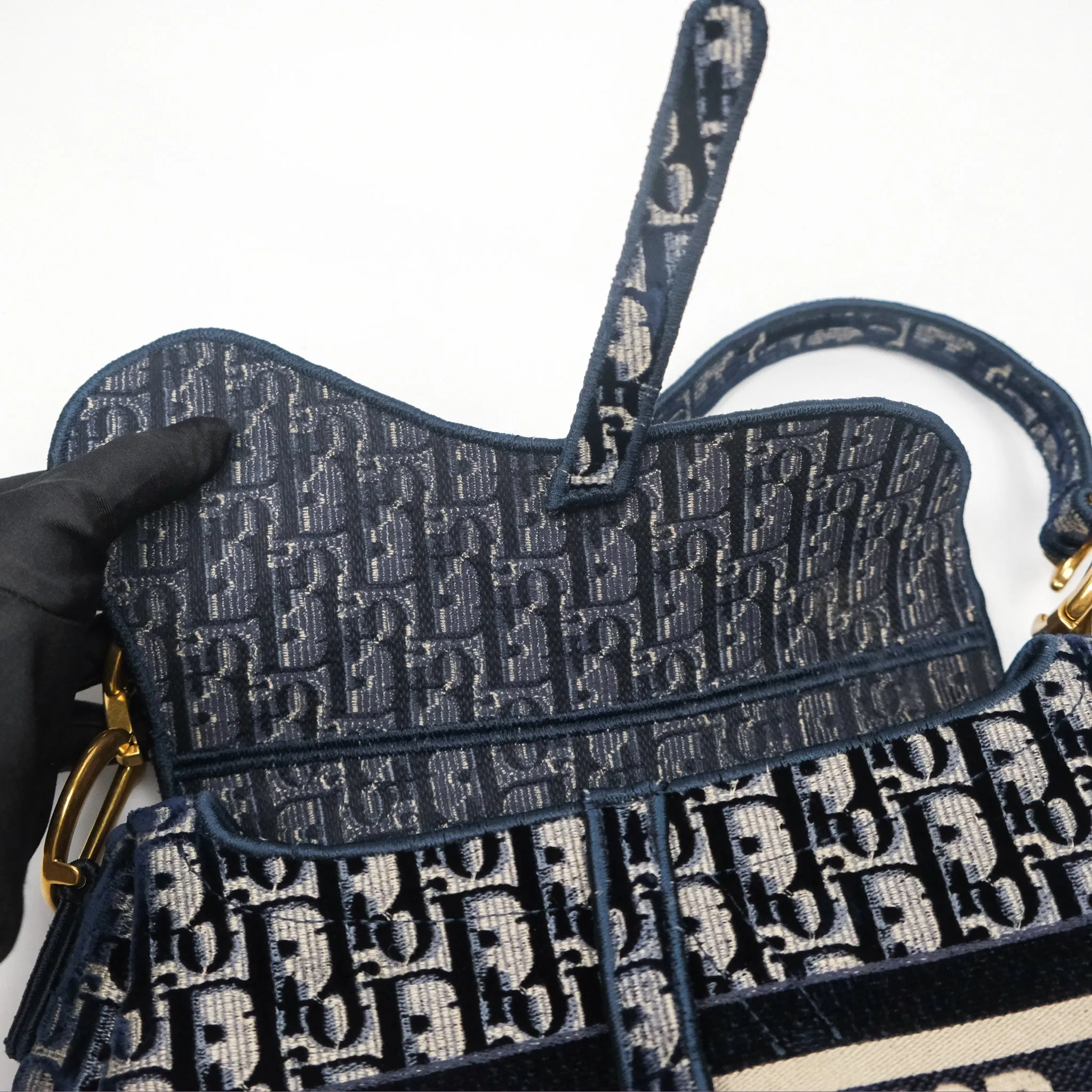 Christian Dior Saddle Bag Velvet Navy Dior Oblique Embroidery Gold Hardware