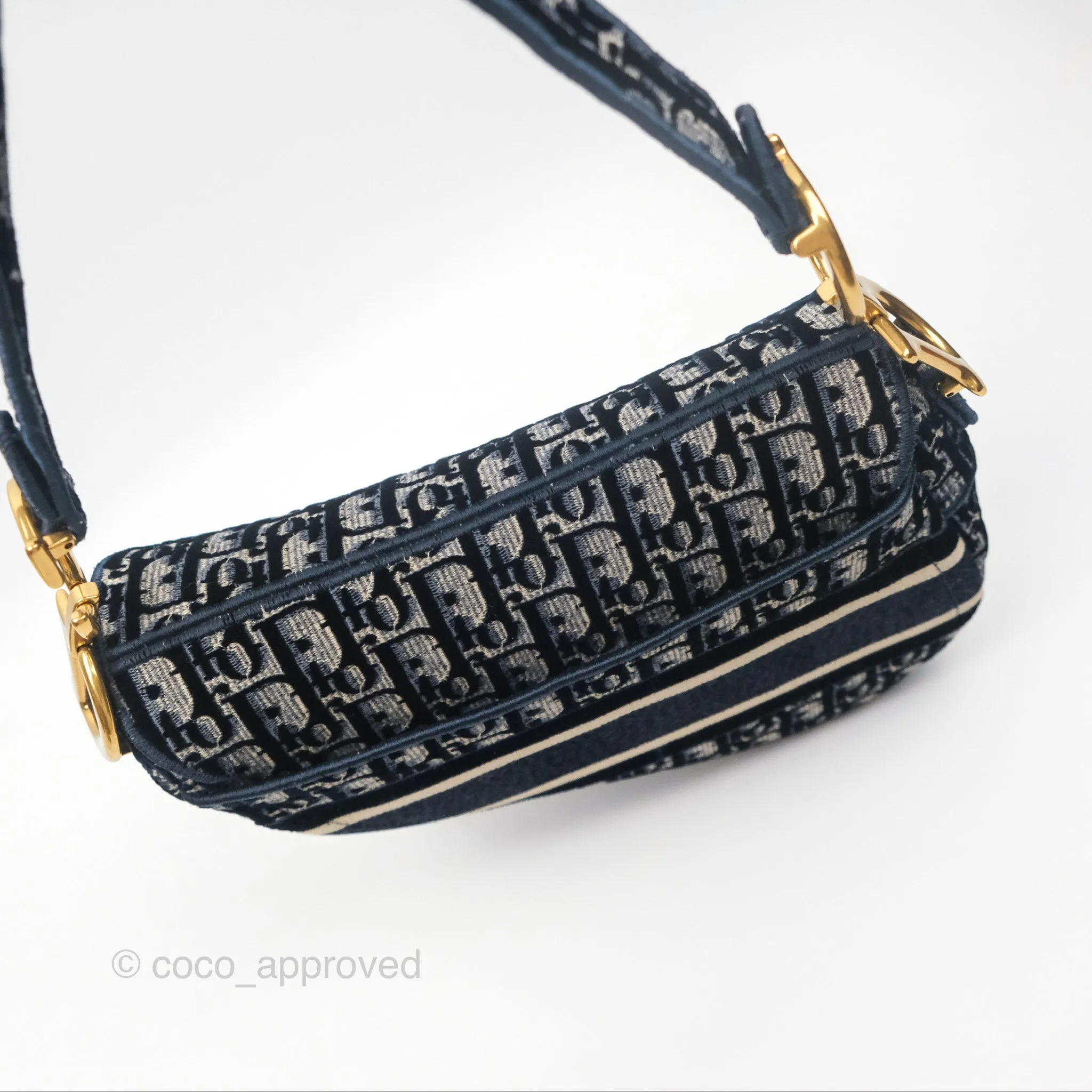 Christian Dior Saddle Bag Velvet Navy Dior Oblique Embroidery Gold Hardware