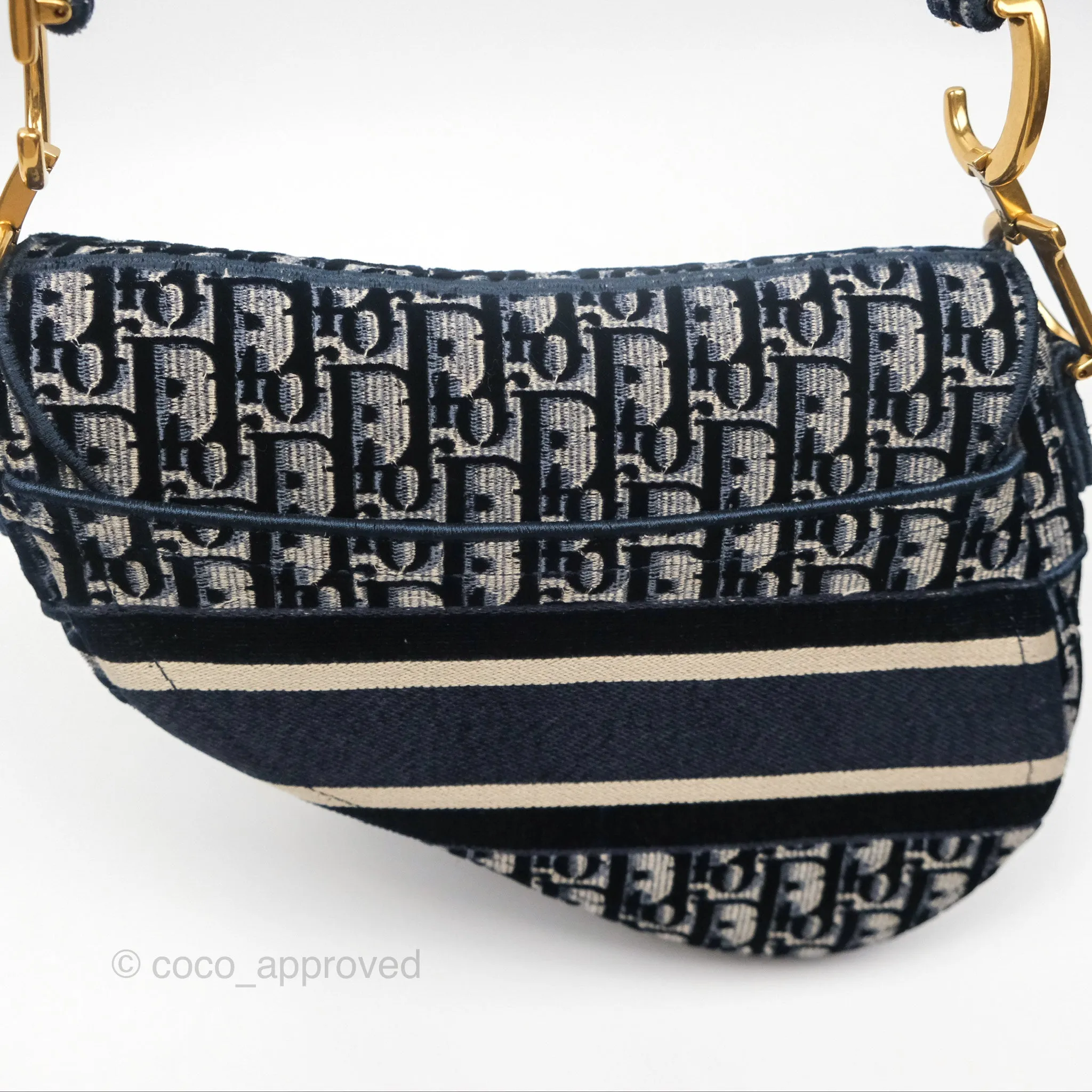 Christian Dior Saddle Bag Velvet Navy Dior Oblique Embroidery Gold Hardware