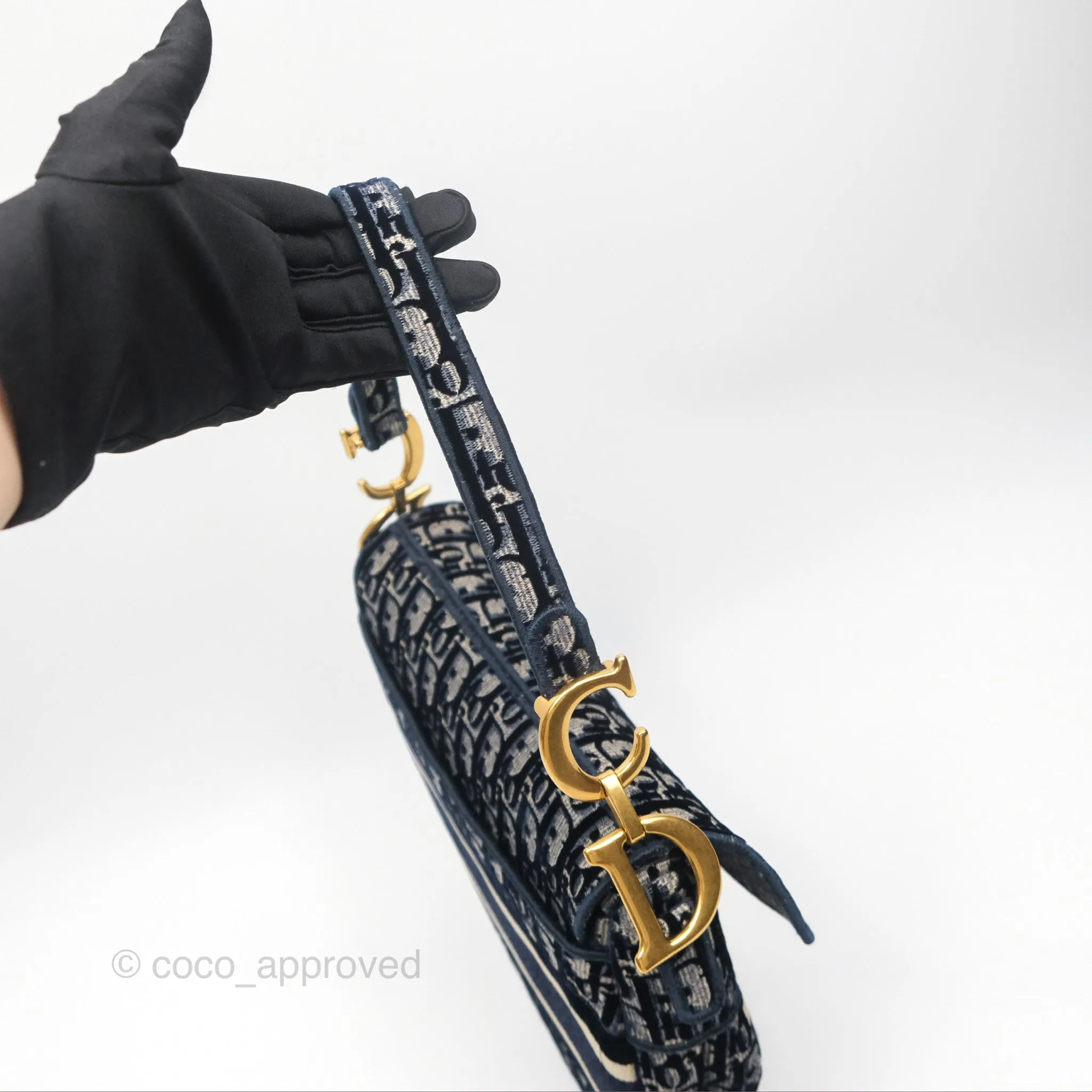 Christian Dior Saddle Bag Velvet Navy Dior Oblique Embroidery Gold Hardware