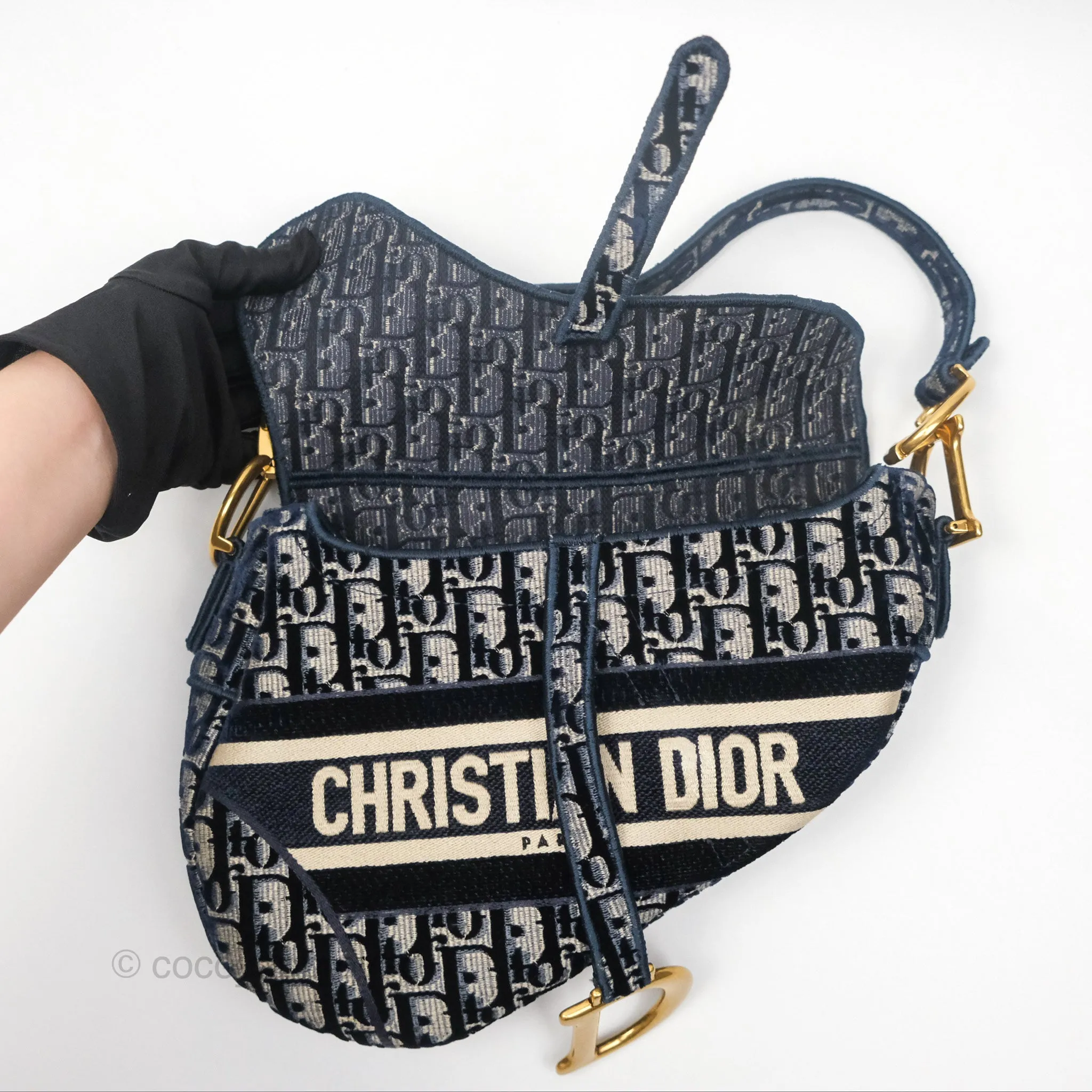 Christian Dior Saddle Bag Velvet Navy Dior Oblique Embroidery Gold Hardware