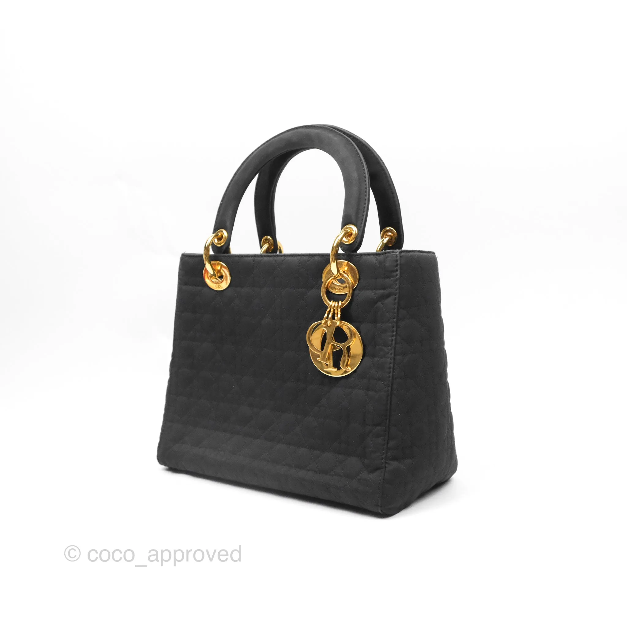Christian Dior Vintage Medium Cannage Fabric Black Lady Dior Gold Hardware
