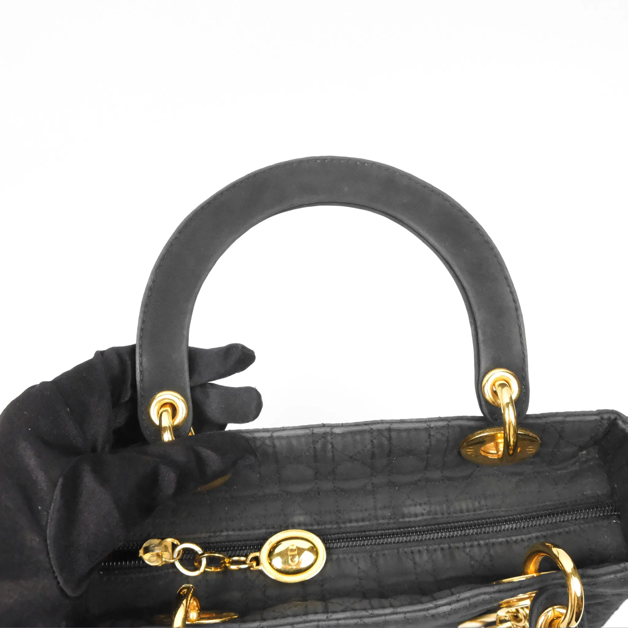 Christian Dior Vintage Medium Cannage Fabric Black Lady Dior Gold Hardware