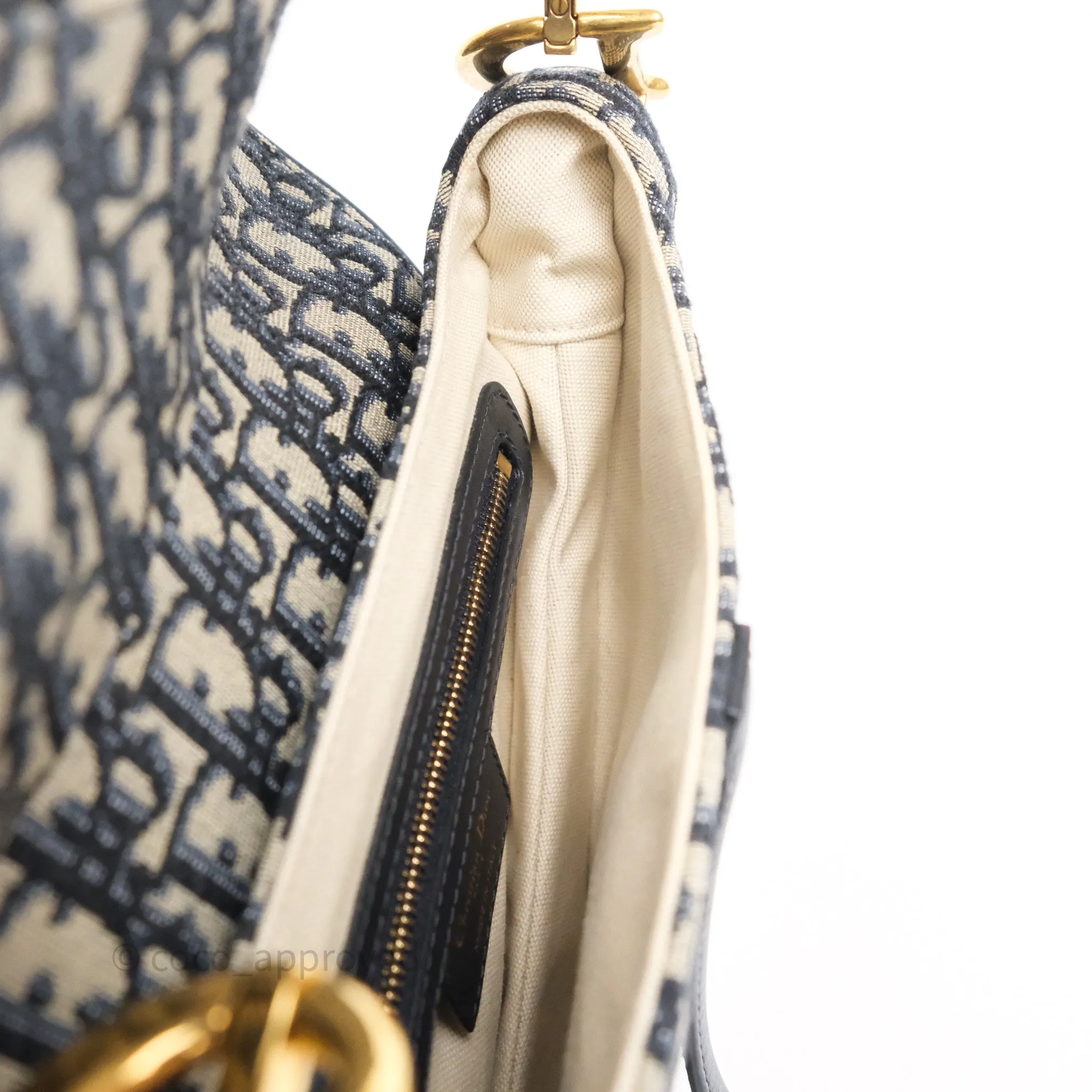 Dior Saddle Bag Navy Dior Oblique Embroidery Aged Gold Hardware