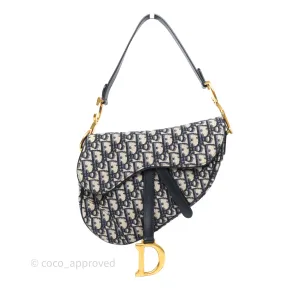 Dior Saddle Bag Navy Dior Oblique Embroidery Aged Gold Hardware