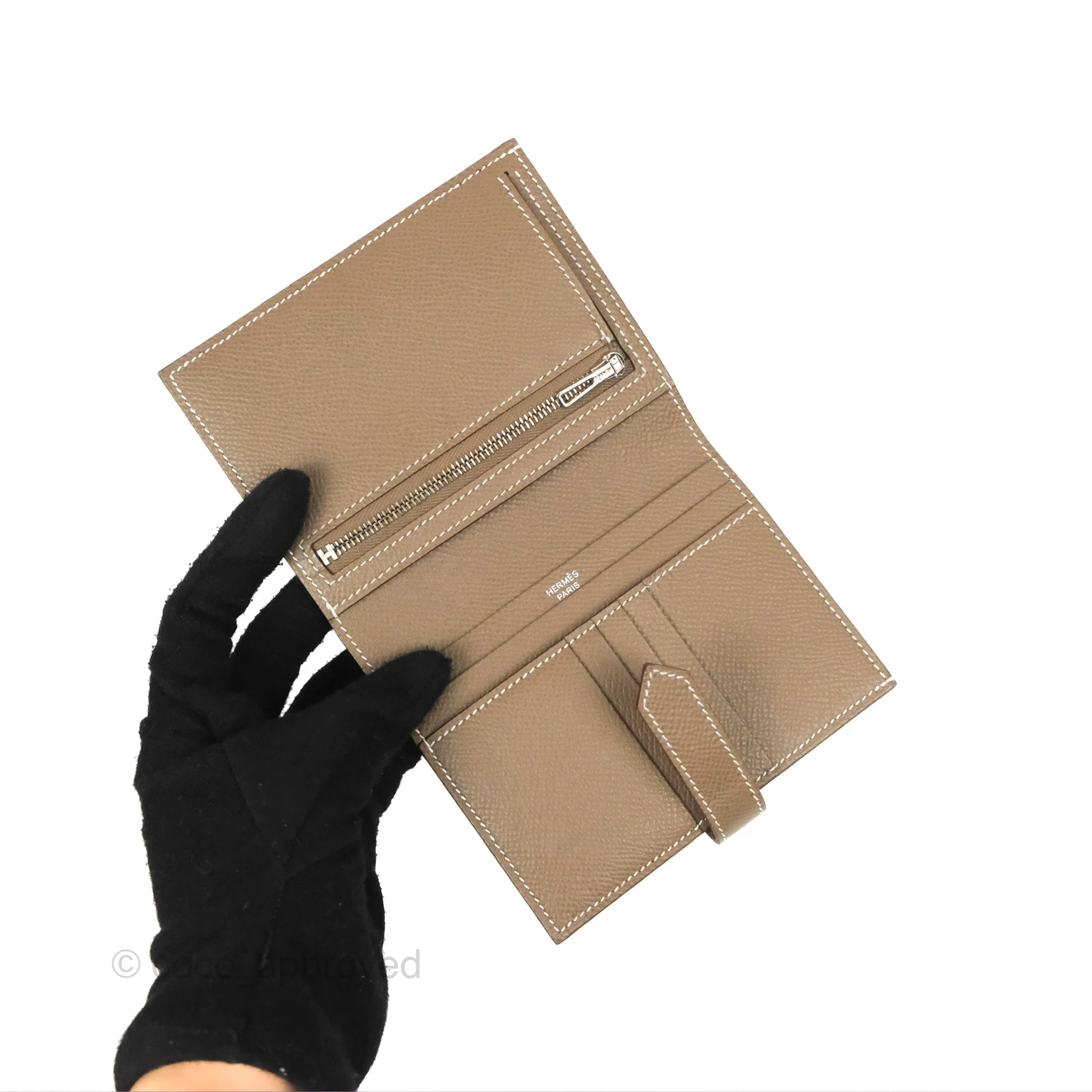 Hermes Bearn Compact Wallet Etoupe Epsom Palladium Hardware