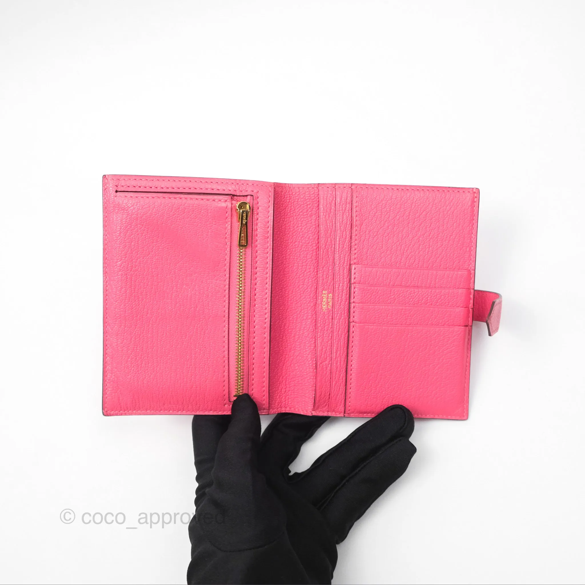Hermes Bearn Compact Wallet Rose Azalee 8W Gold Hardware