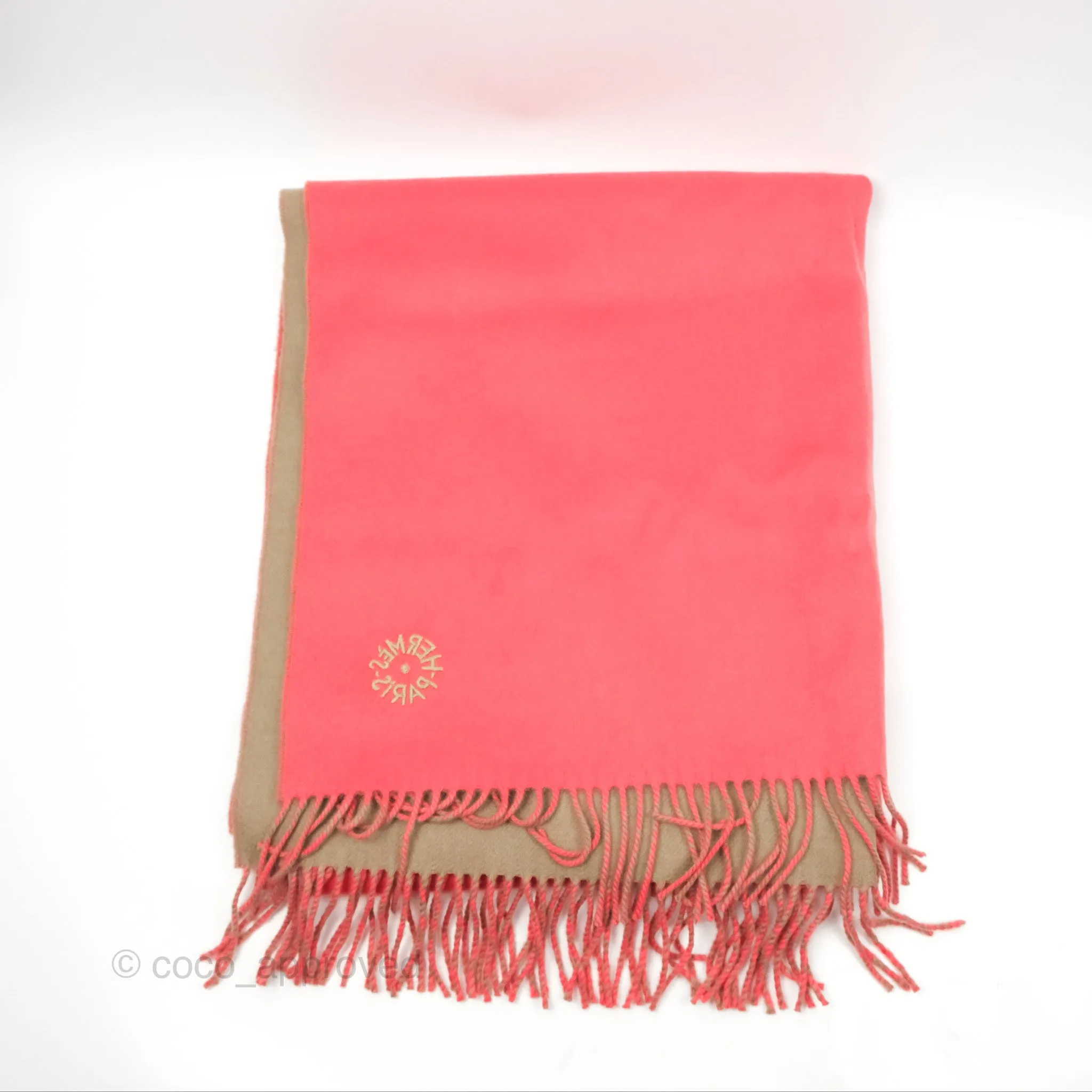 Hermes Cashmere Fringe Double Face Scarf Stole Etoupe/Pink