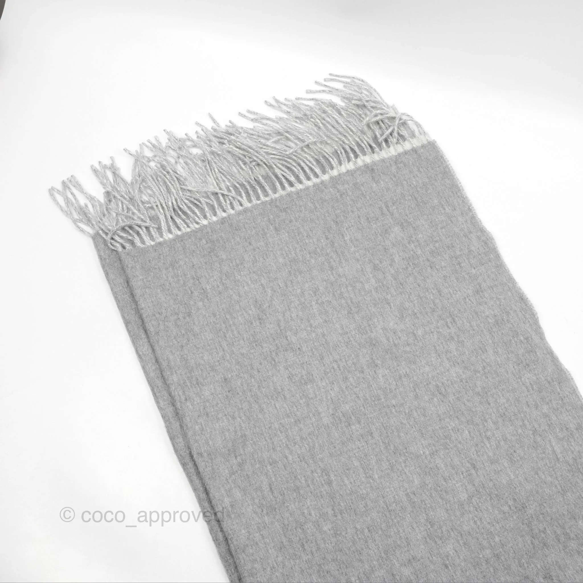Hermes Cashmere Fringe Scarf Stole Gris Flanelle / Ivoire