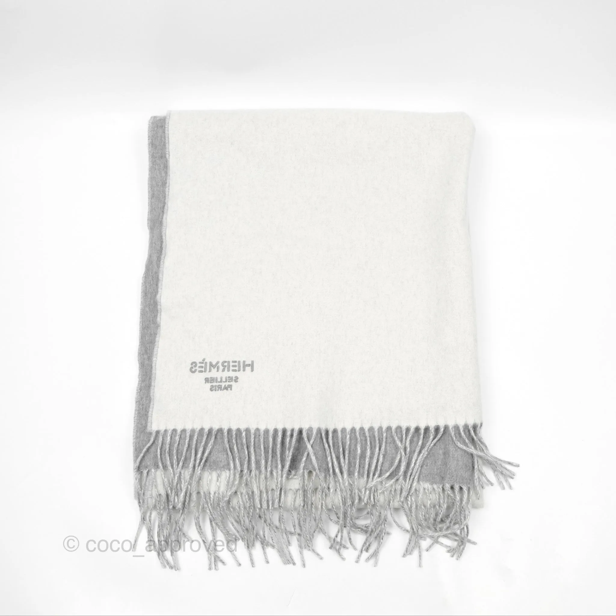Hermes Cashmere Fringe Scarf Stole Gris Flanelle / Ivoire