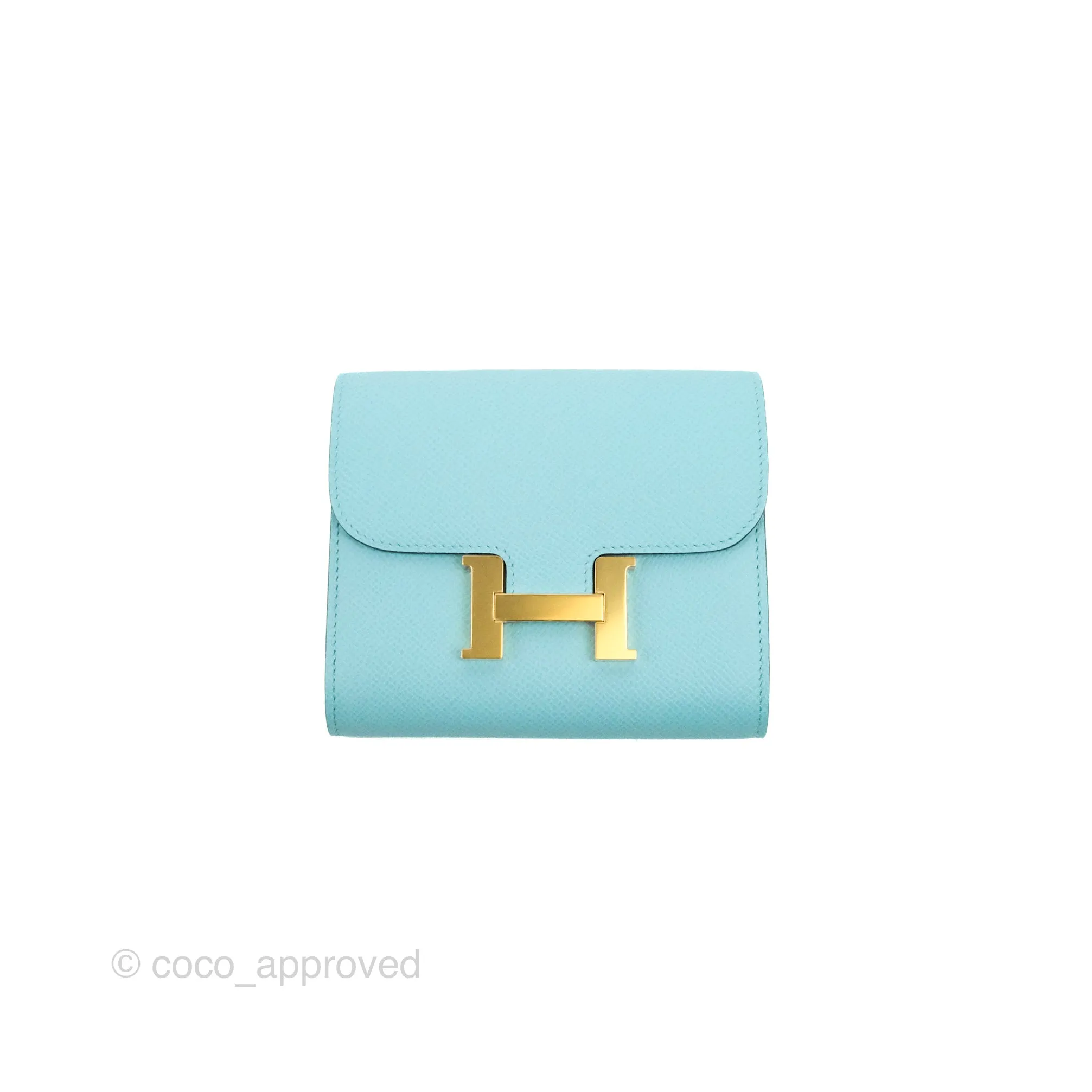 Hermes Constance Compact Passant Wallet Bleu Atoll Epsom Gold Hardware