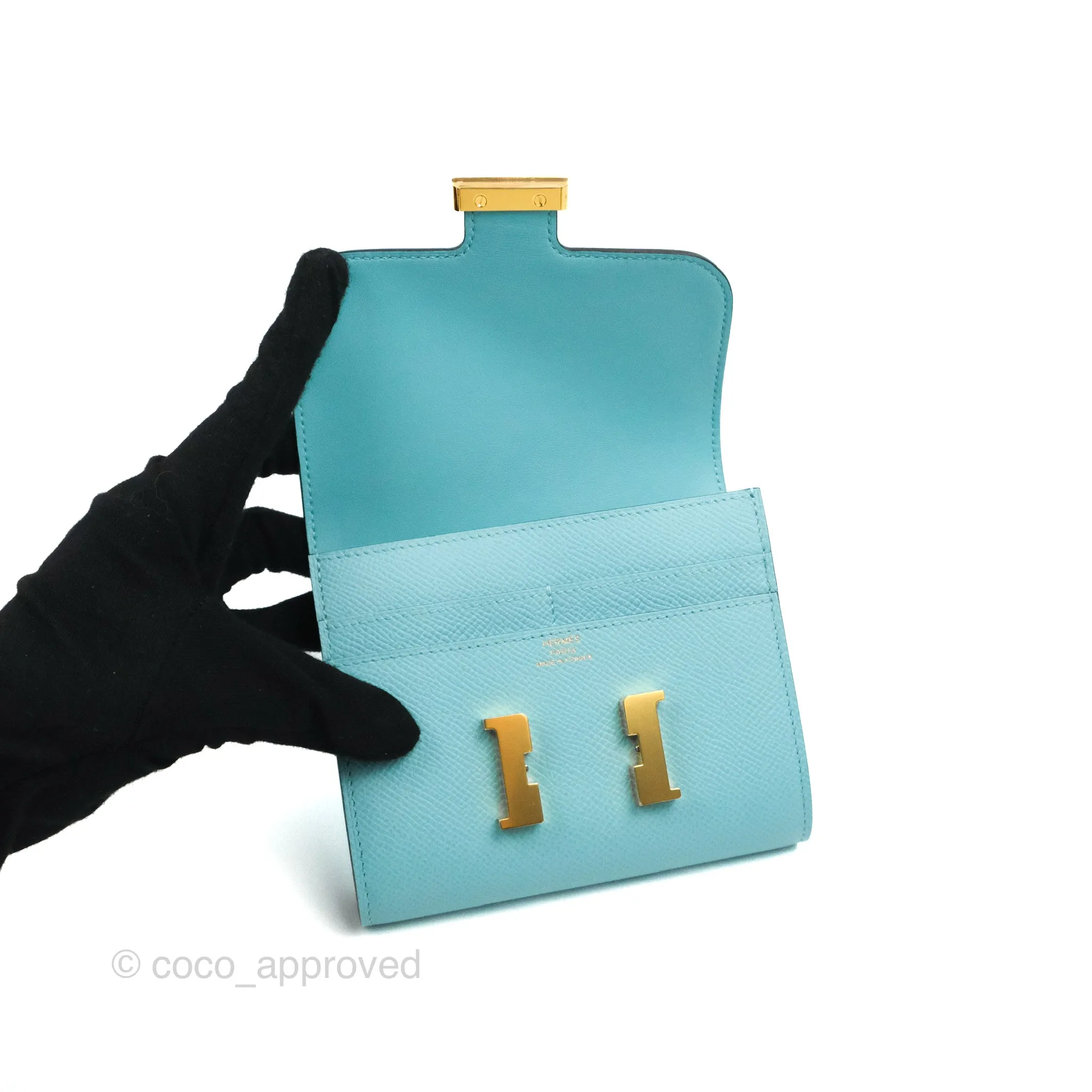Hermes Constance Compact Passant Wallet Bleu Atoll Epsom Gold Hardware