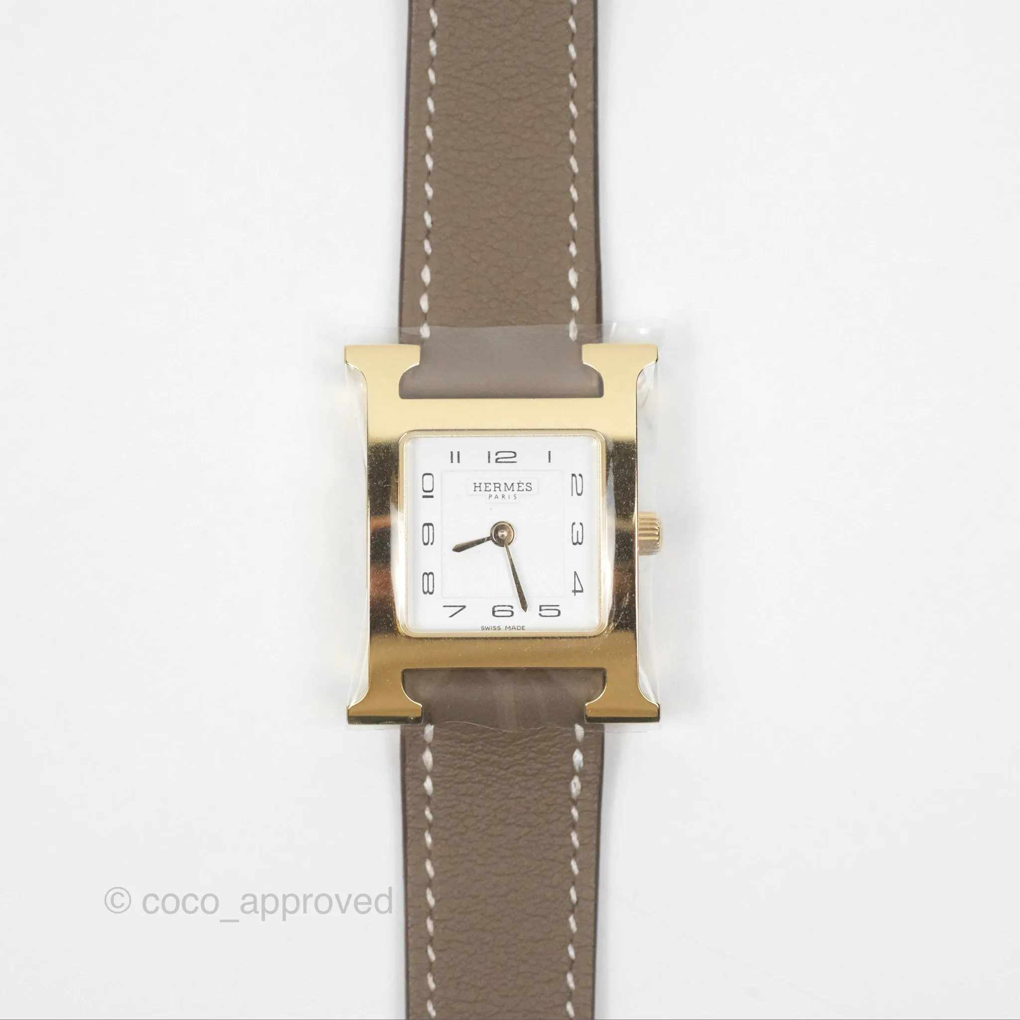 Hermes Heure H Watch Small Swift Etoupe Gold Hardware
