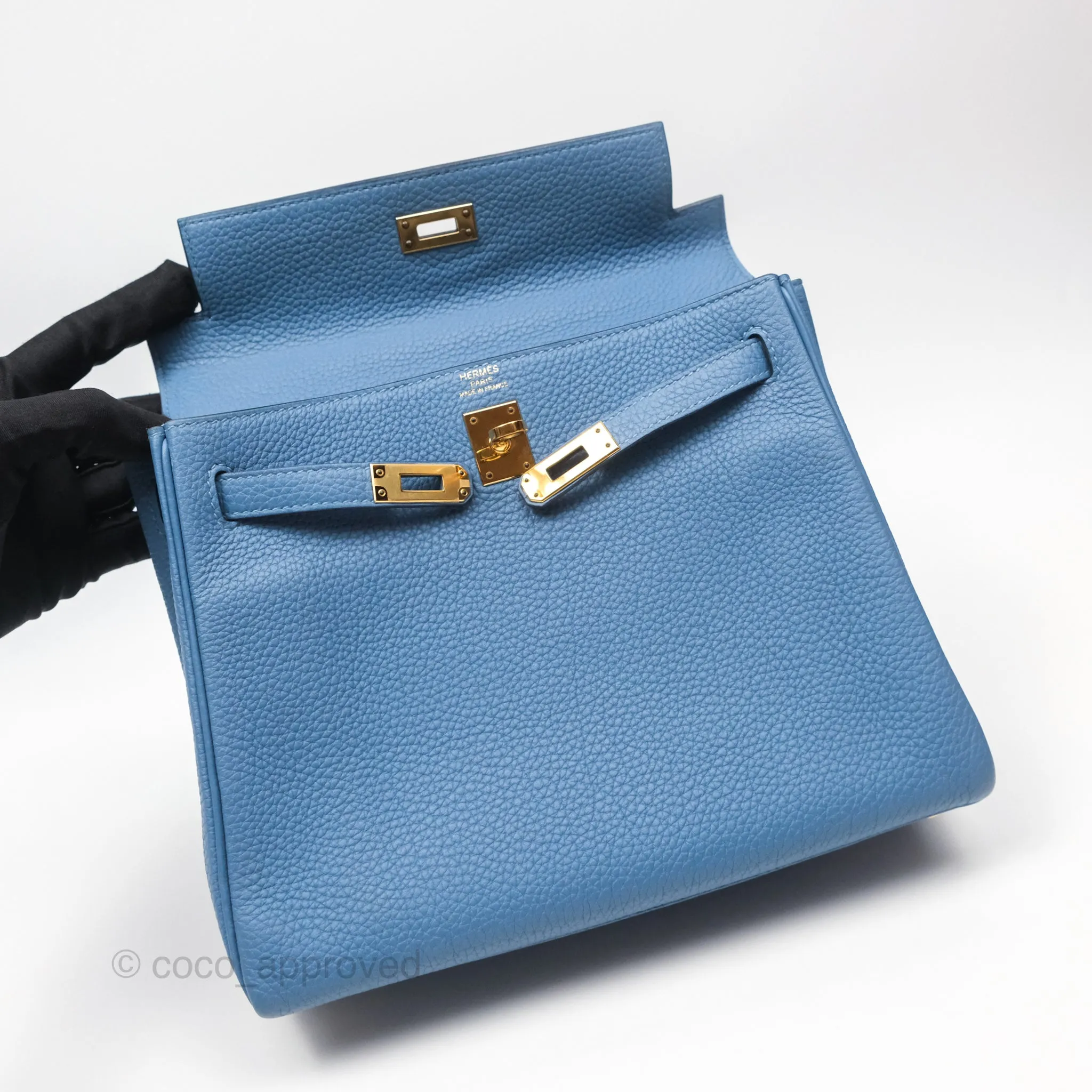 Hermes Kelly 25 Togo Bleu Azur 7R Gold Hardware