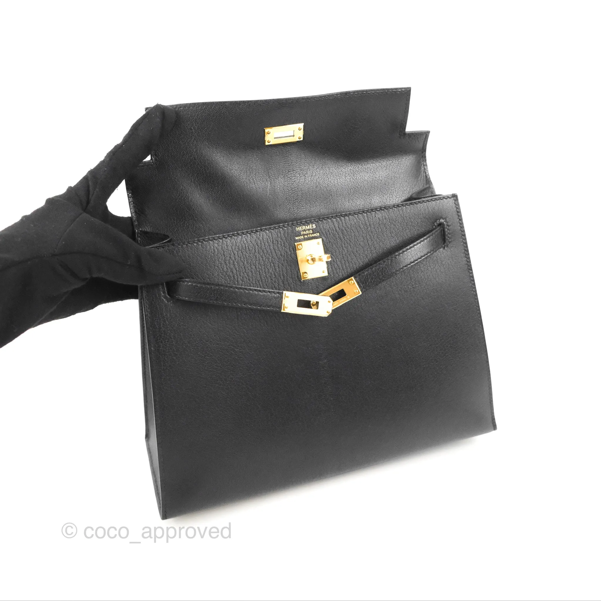 Hermes Kelly Sellier 25 Black Chevre Chamkila Gold Hardware