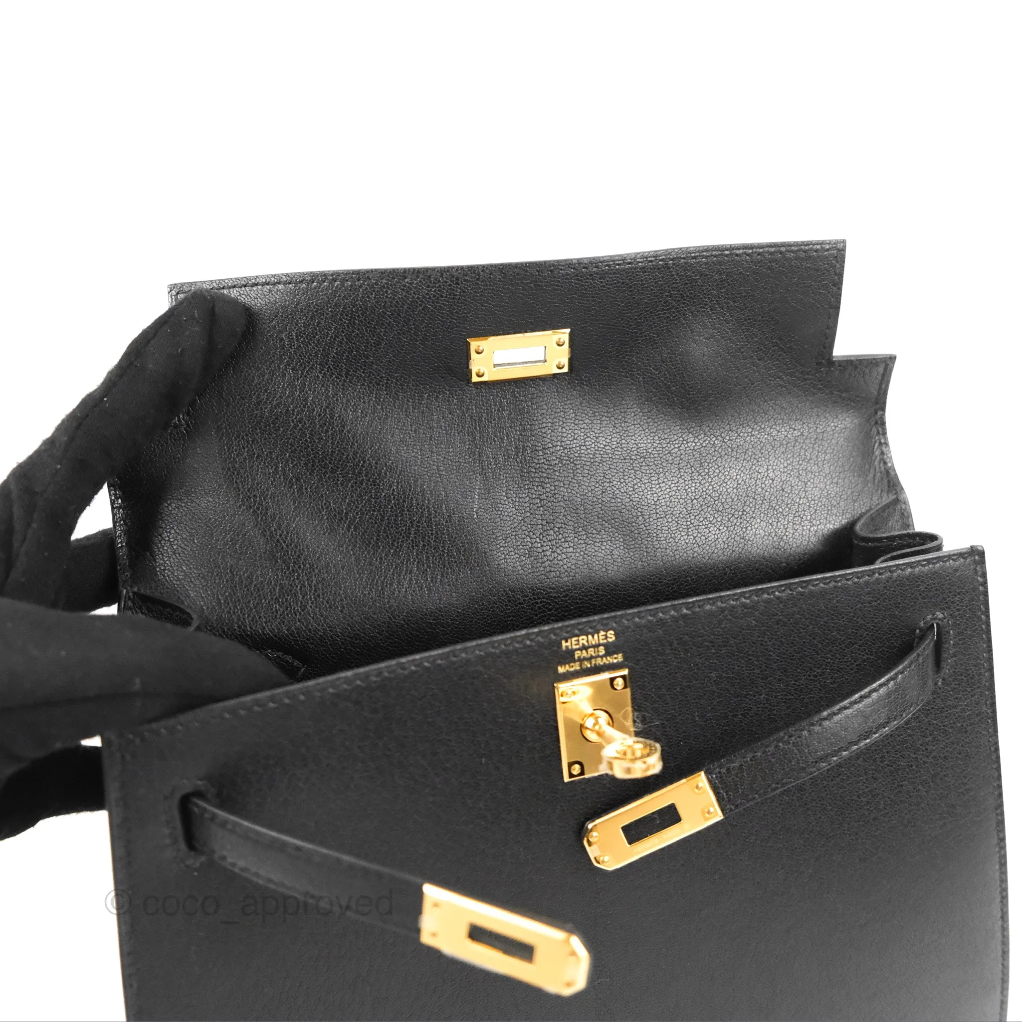Hermes Kelly Sellier 25 Black Chevre Chamkila Gold Hardware