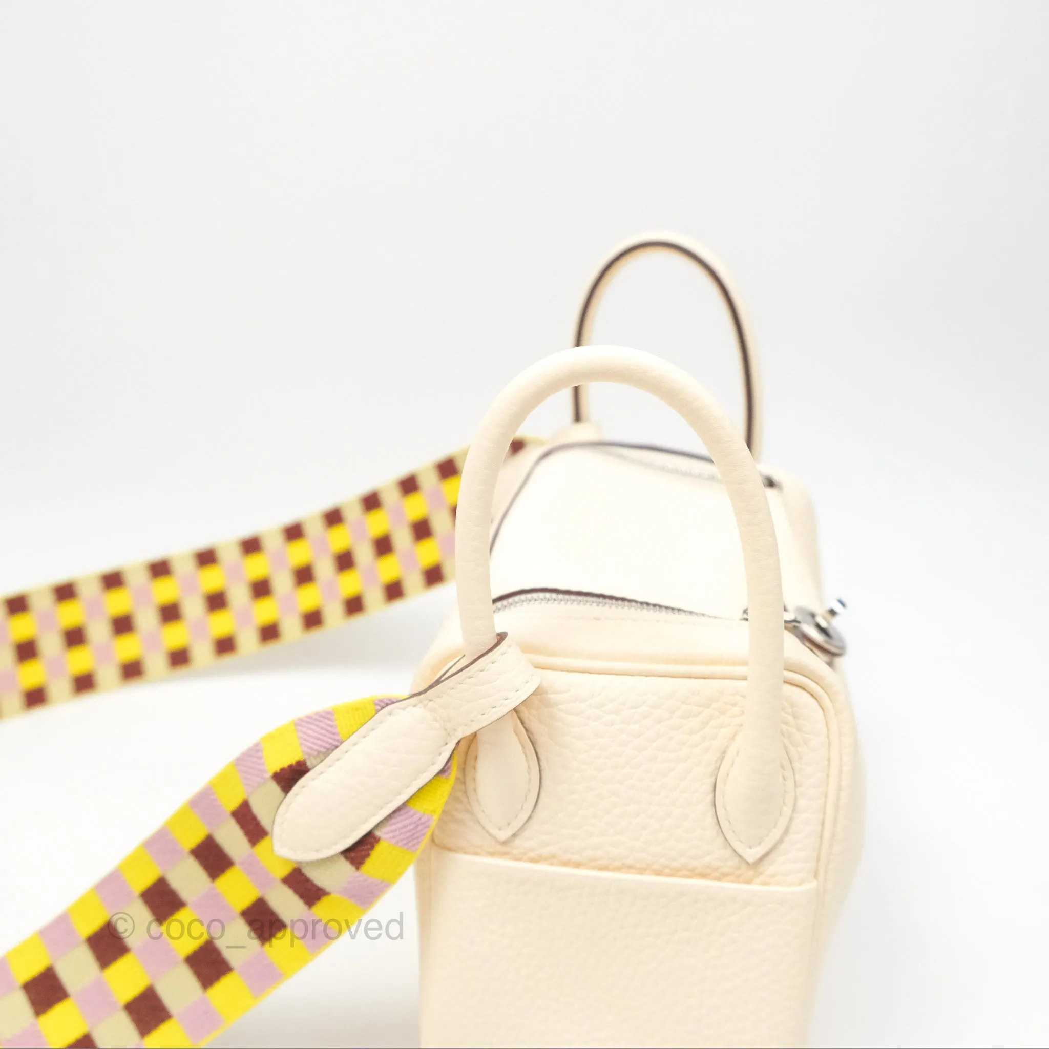 Hermes Mini Lindy Nata I2 Clemence Maxi Quadrille Lime/Mauve sylvestre Toile Palladium Hardware
