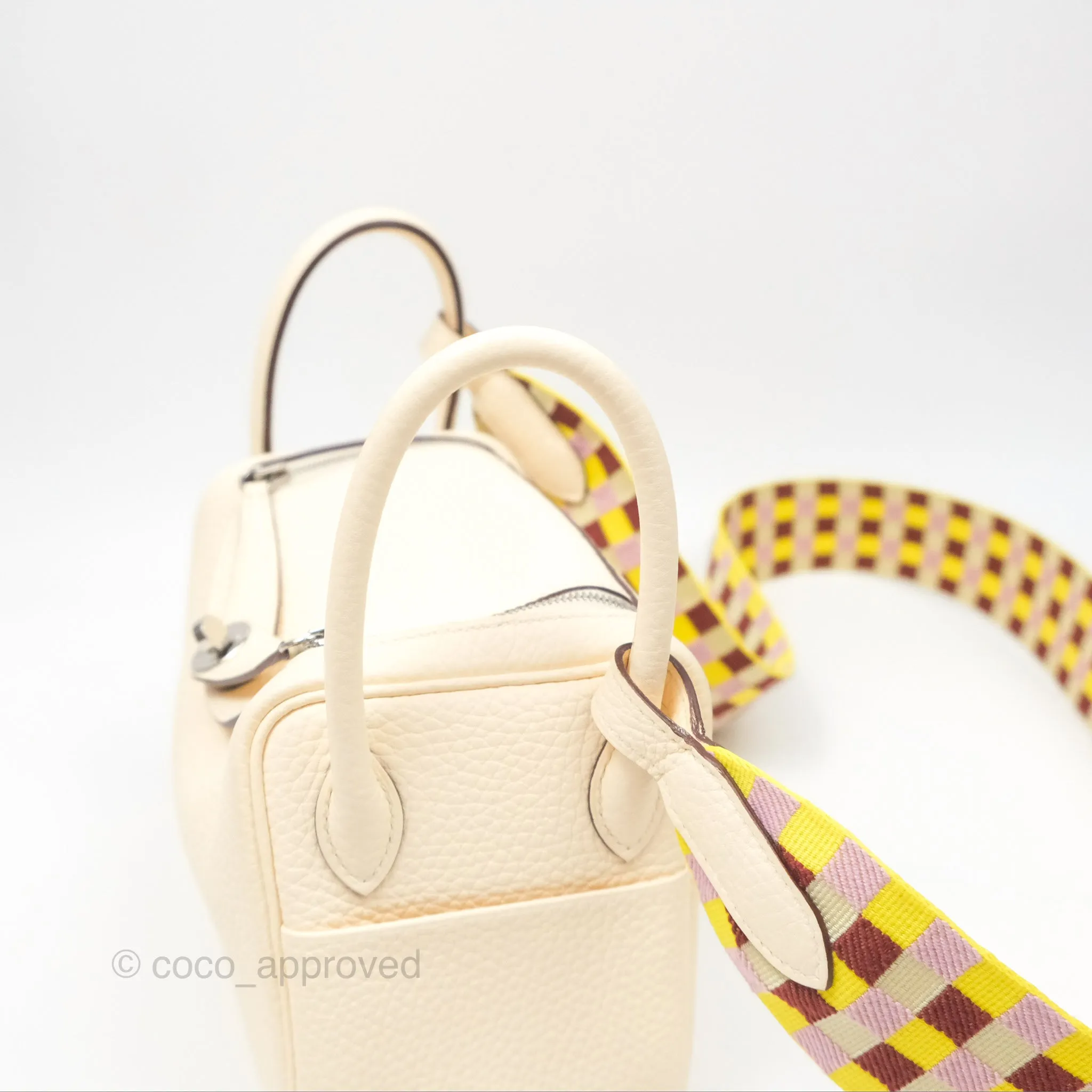 Hermes Mini Lindy Nata I2 Clemence Maxi Quadrille Lime/Mauve sylvestre Toile Palladium Hardware