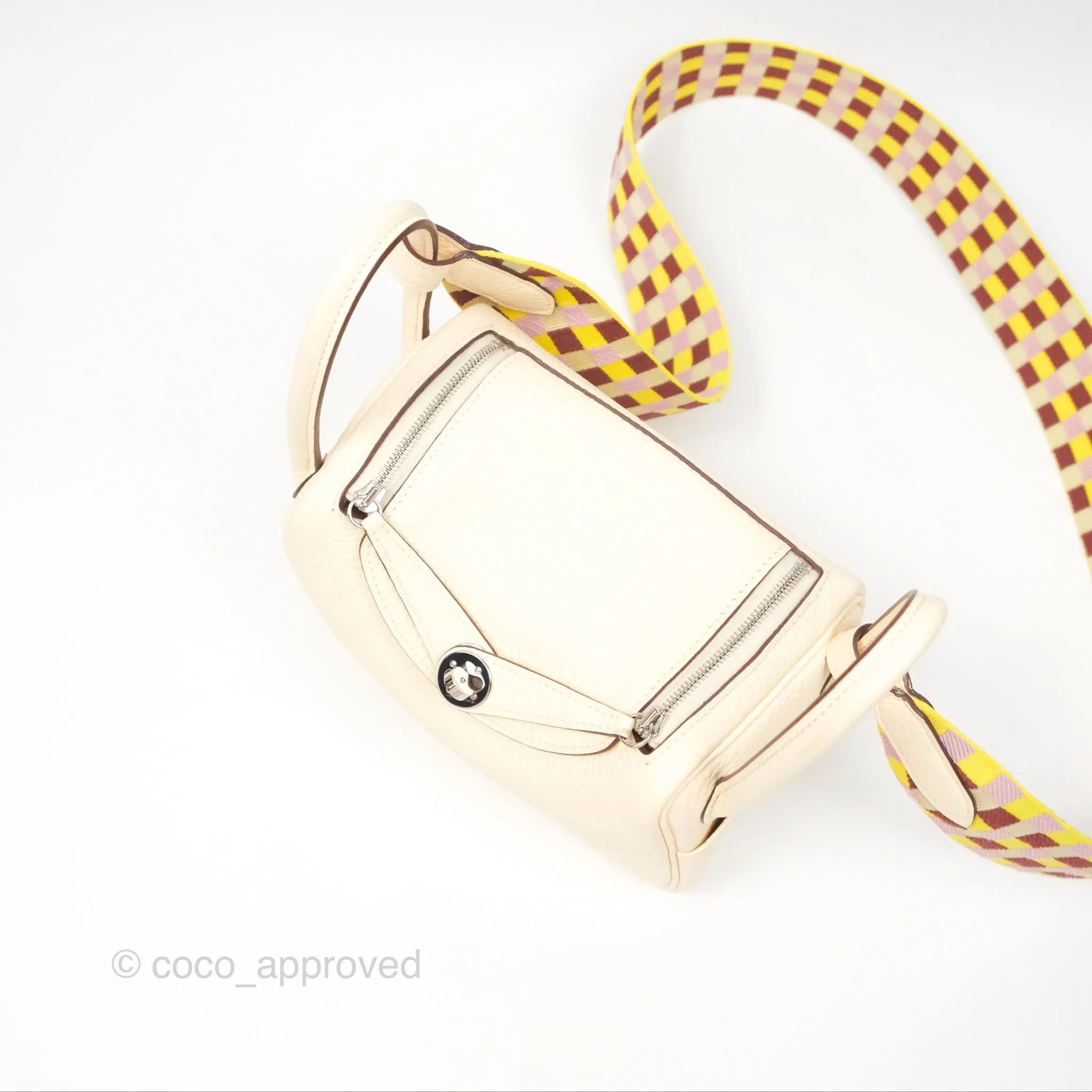 Hermes Mini Lindy Nata I2 Clemence Maxi Quadrille Lime/Mauve sylvestre Toile Palladium Hardware