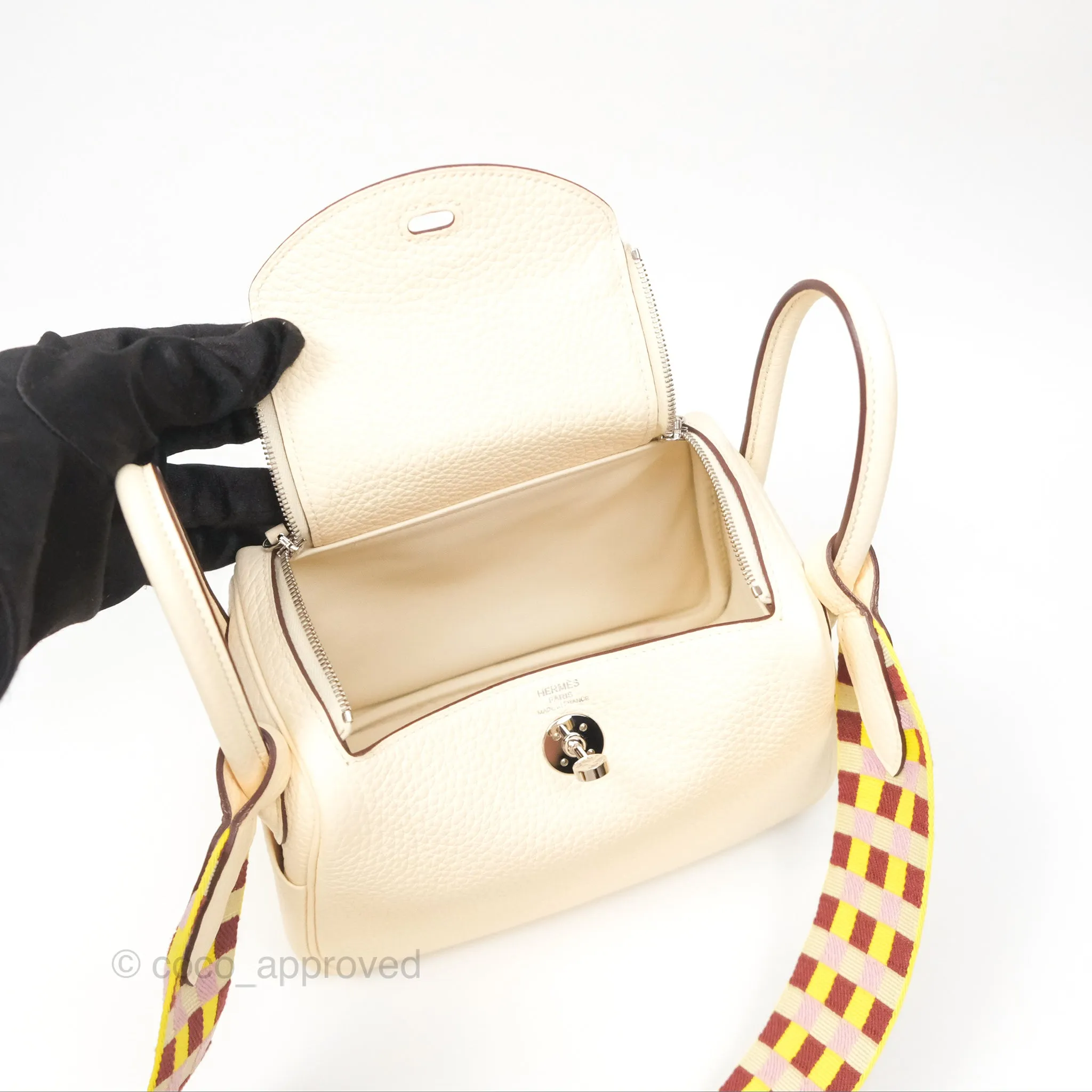 Hermes Mini Lindy Nata I2 Clemence Maxi Quadrille Lime/Mauve sylvestre Toile Palladium Hardware