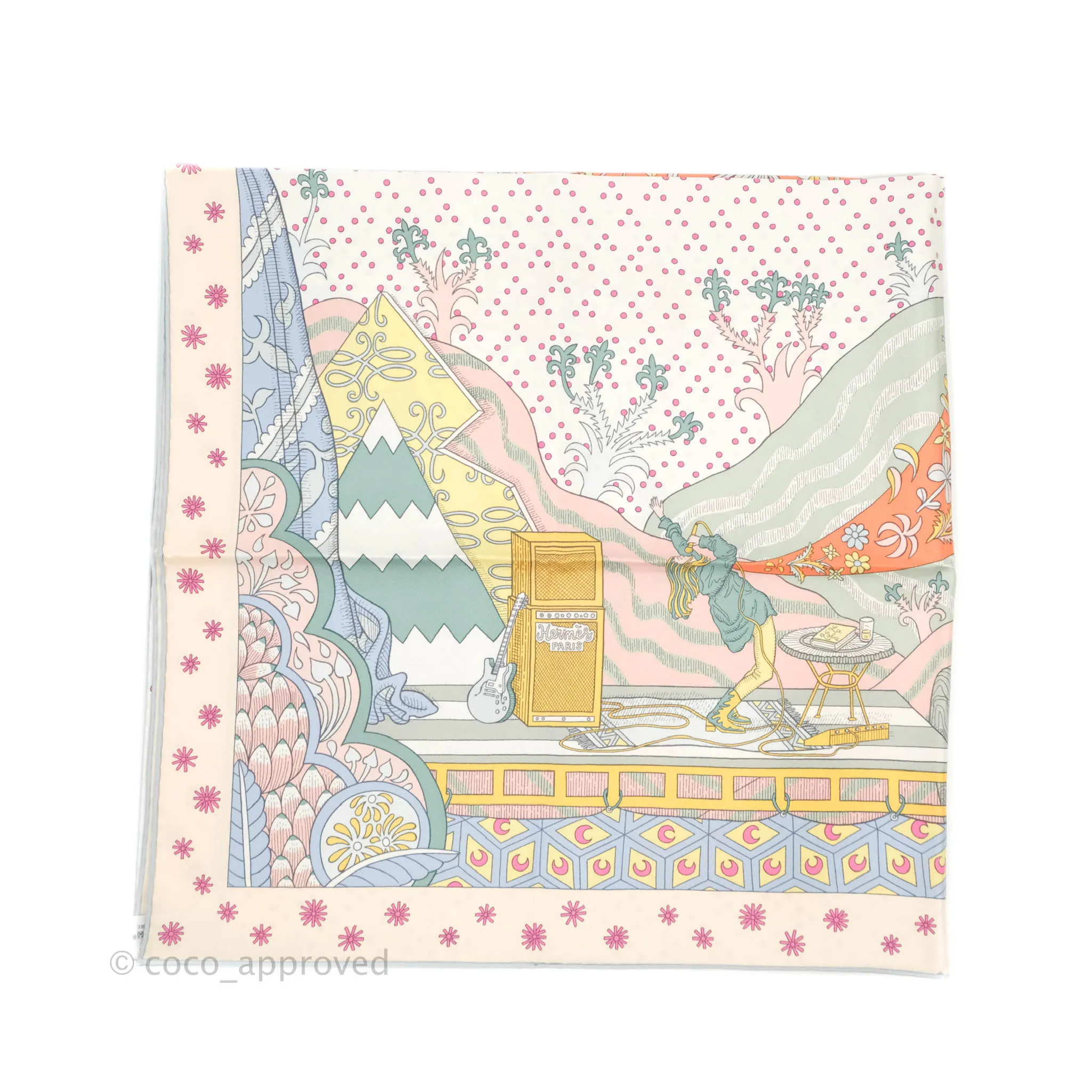 Hermes Silk Le Premier Chant Scarf 90 Abricot/ Ciel /Vert