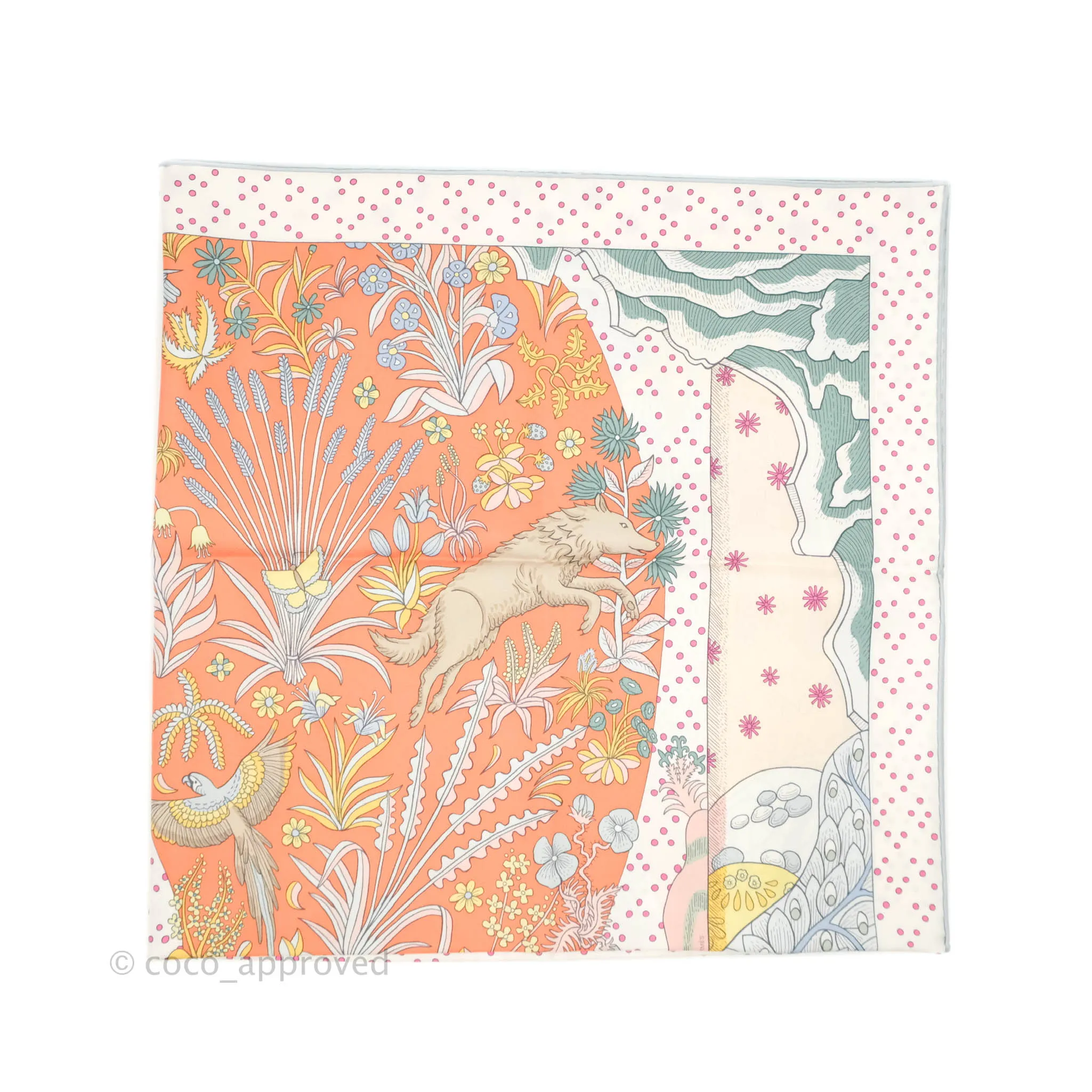 Hermes Silk Le Premier Chant Scarf 90 Abricot/ Ciel /Vert