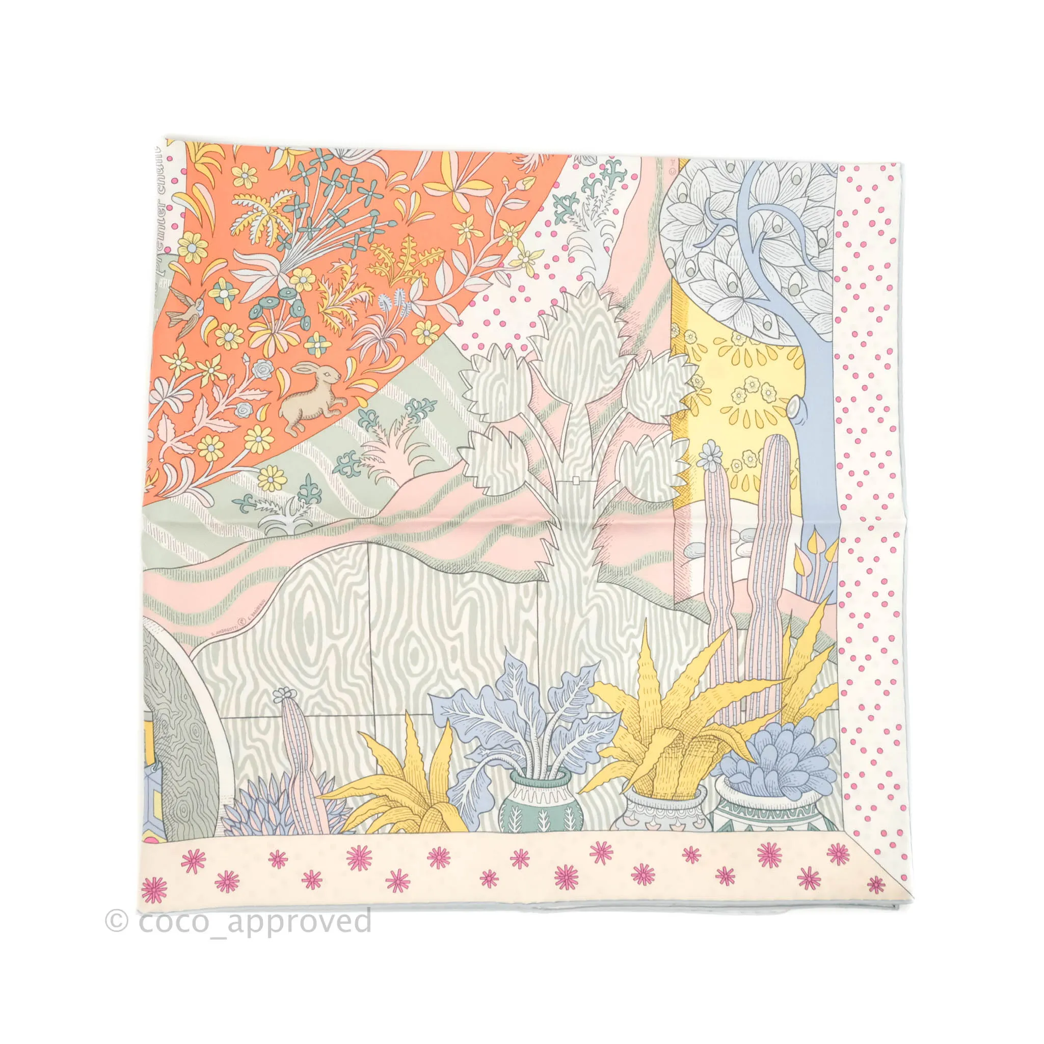 Hermes Silk Le Premier Chant Scarf 90 Abricot/ Ciel /Vert