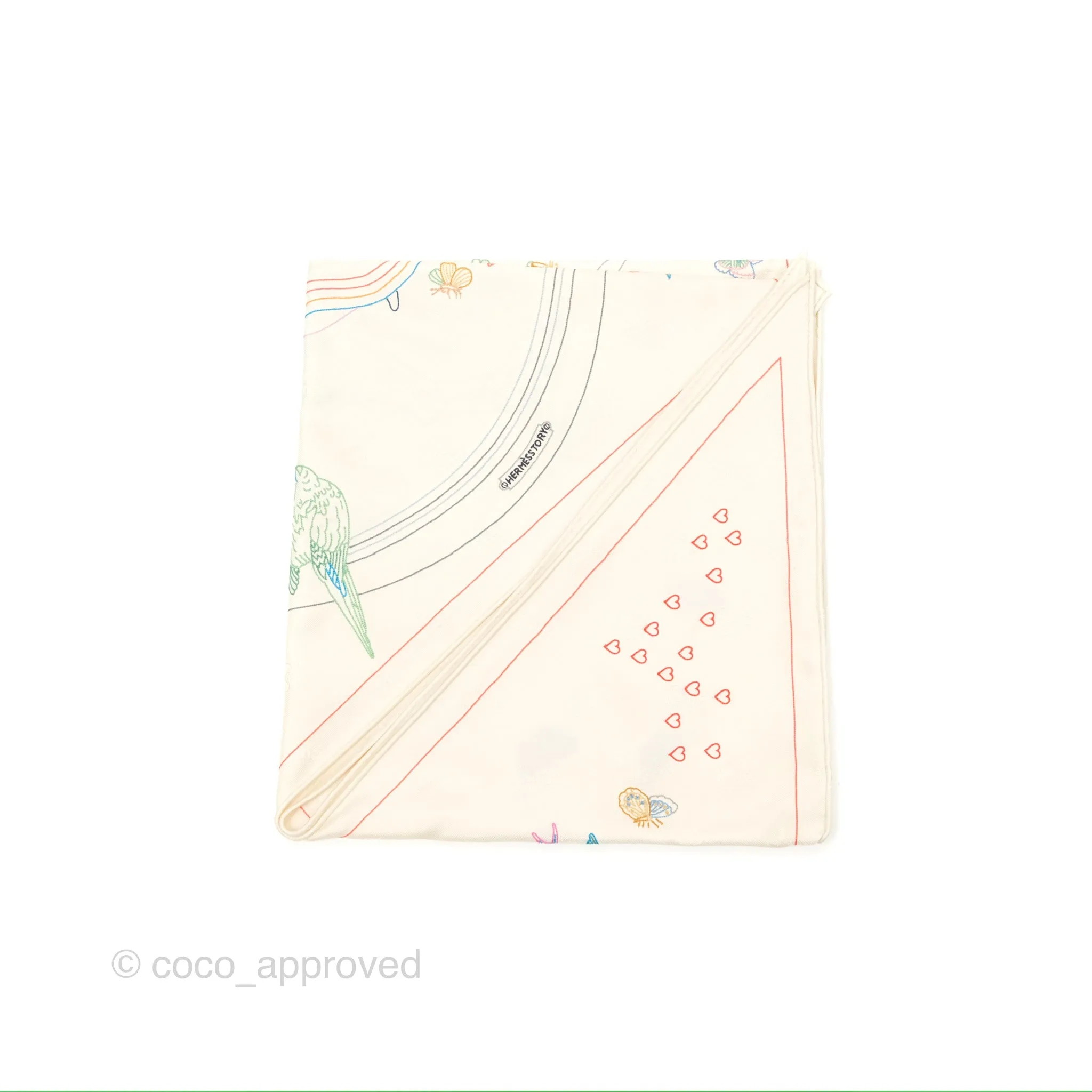 Hermes Story Embroidered Triangle Scarf Silk Ivory
