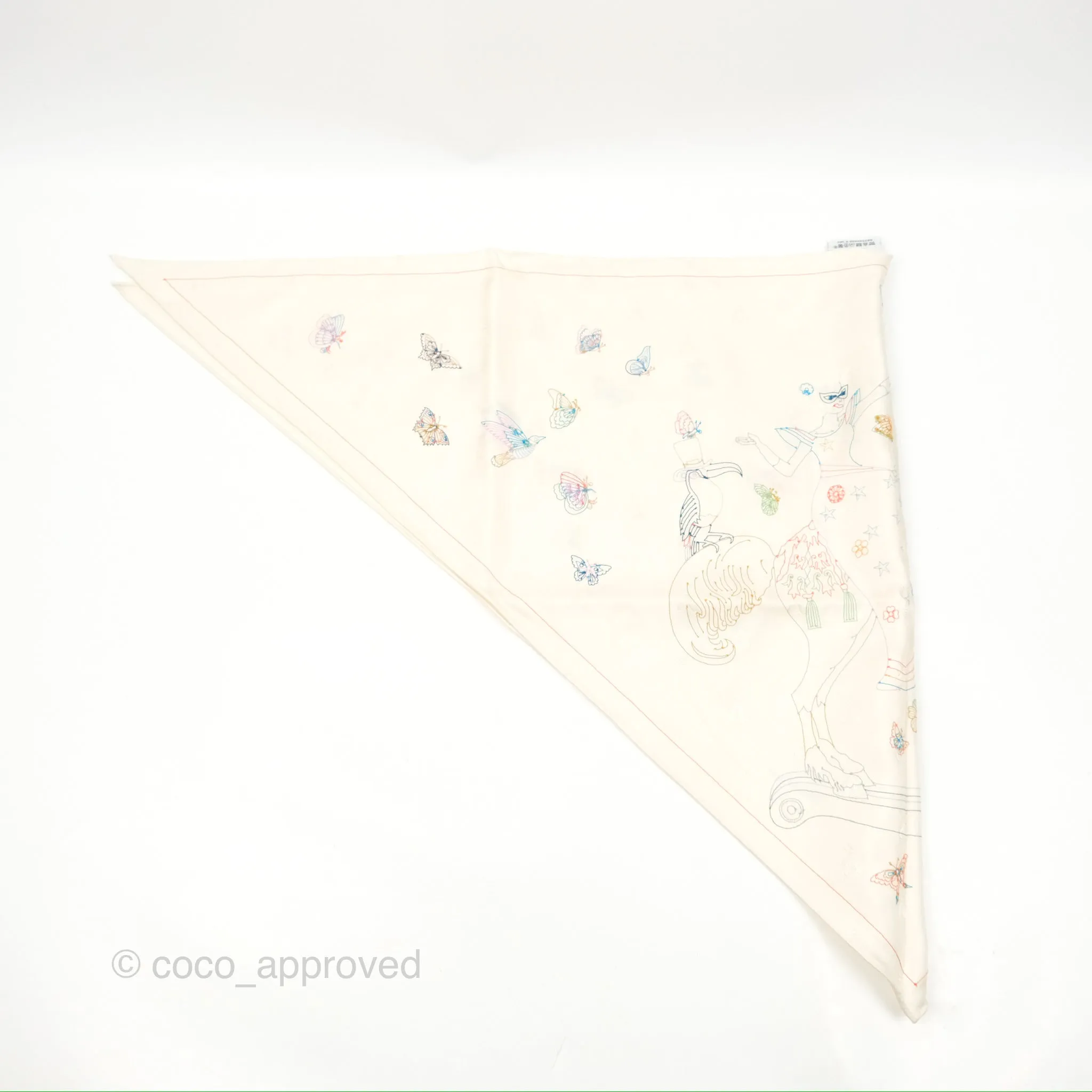 Hermes Story Embroidered Triangle Scarf Silk Ivory