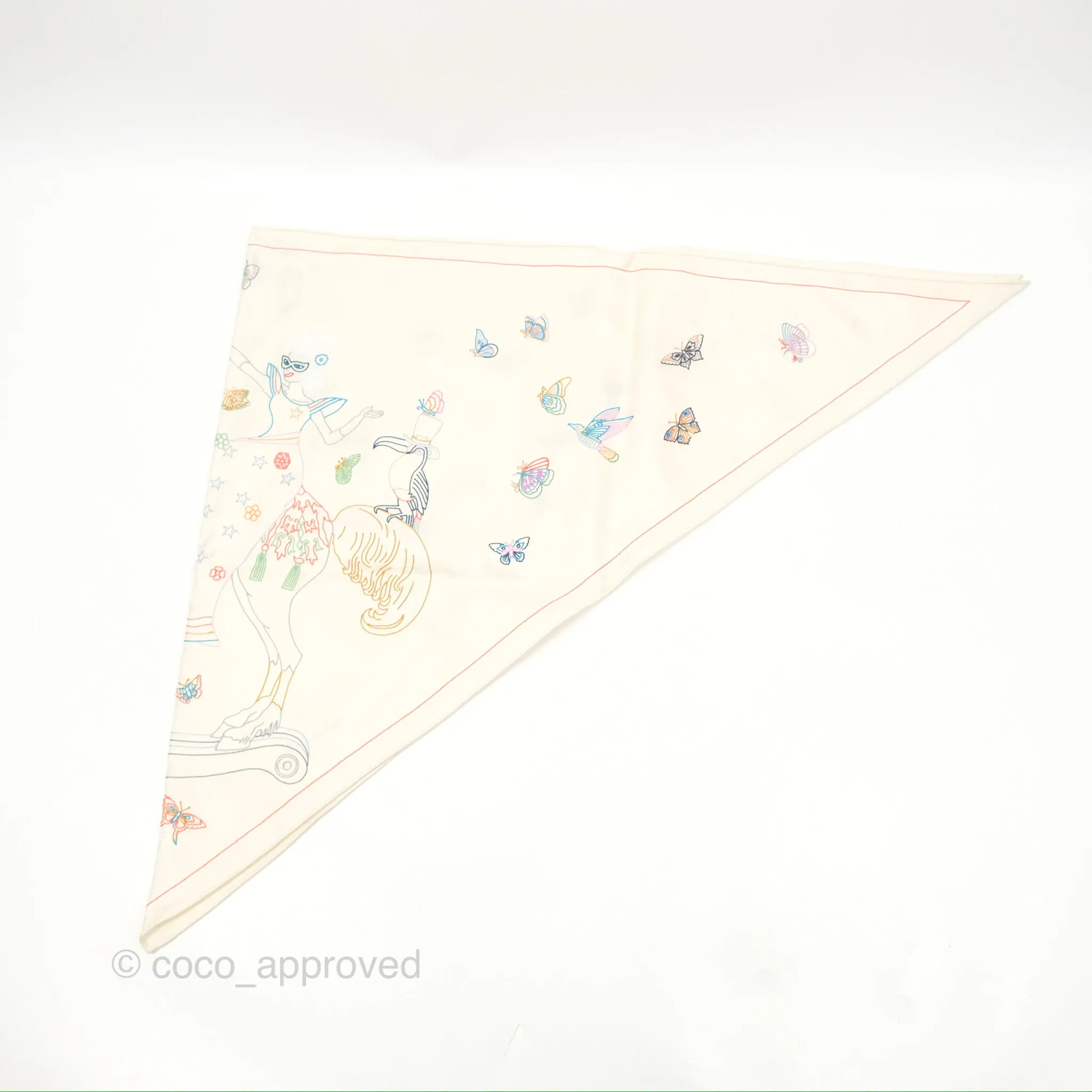 Hermes Story Embroidered Triangle Scarf Silk Ivory
