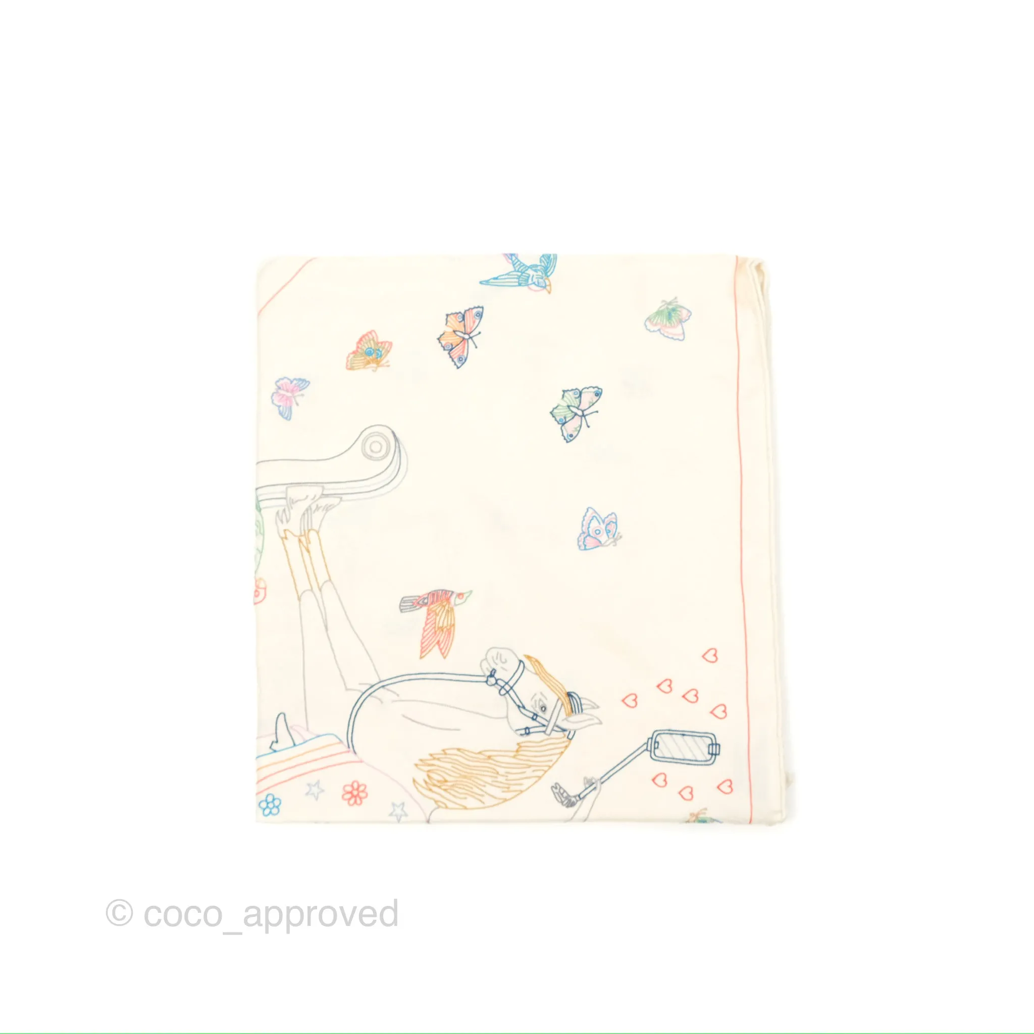 Hermes Story Embroidered Triangle Scarf Silk Ivory