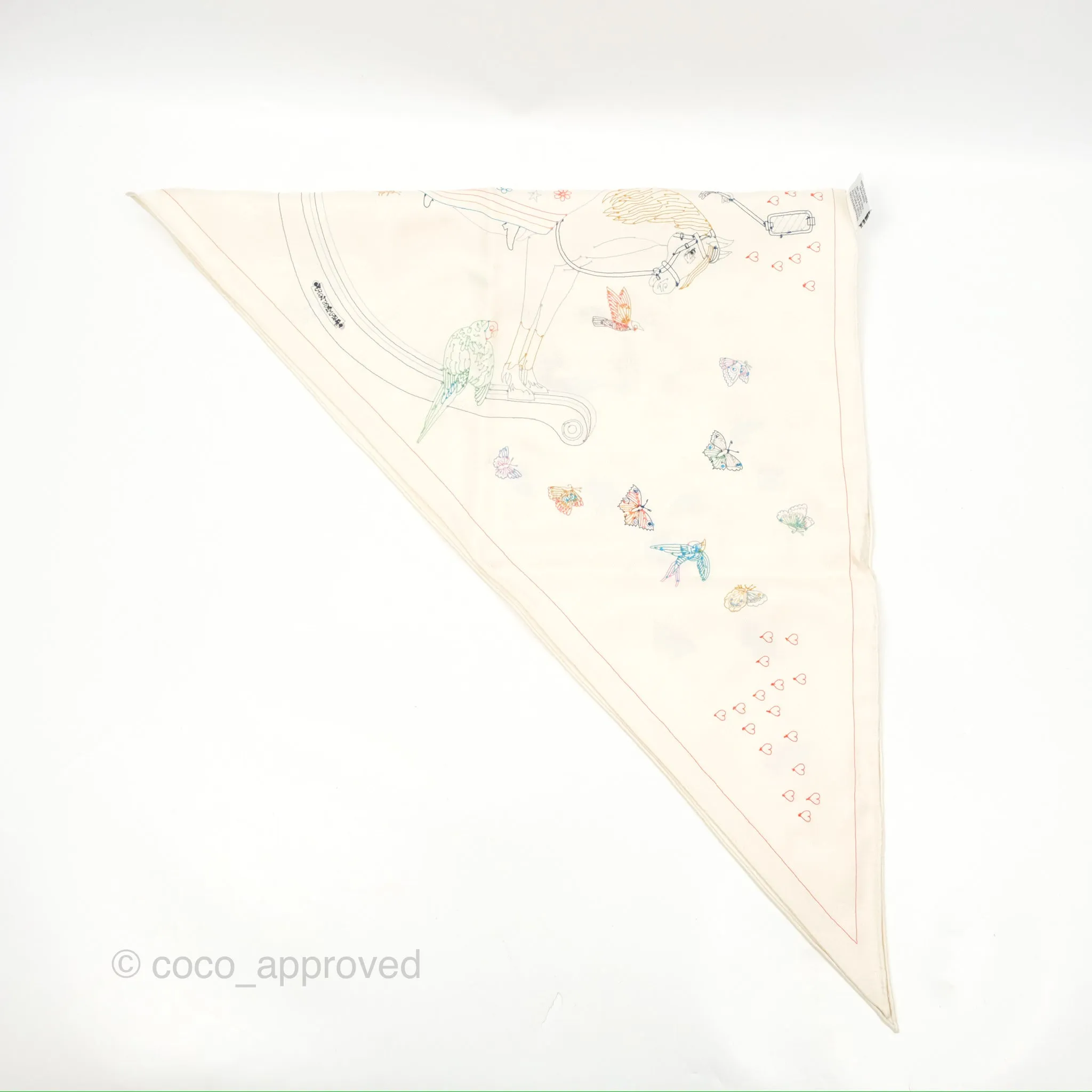 Hermes Story Embroidered Triangle Scarf Silk Ivory