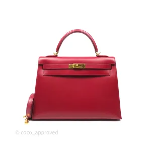 Herms Vintage Kelly 32 Sellier Rouge Hermes 55 Box Leather Gold Hardware