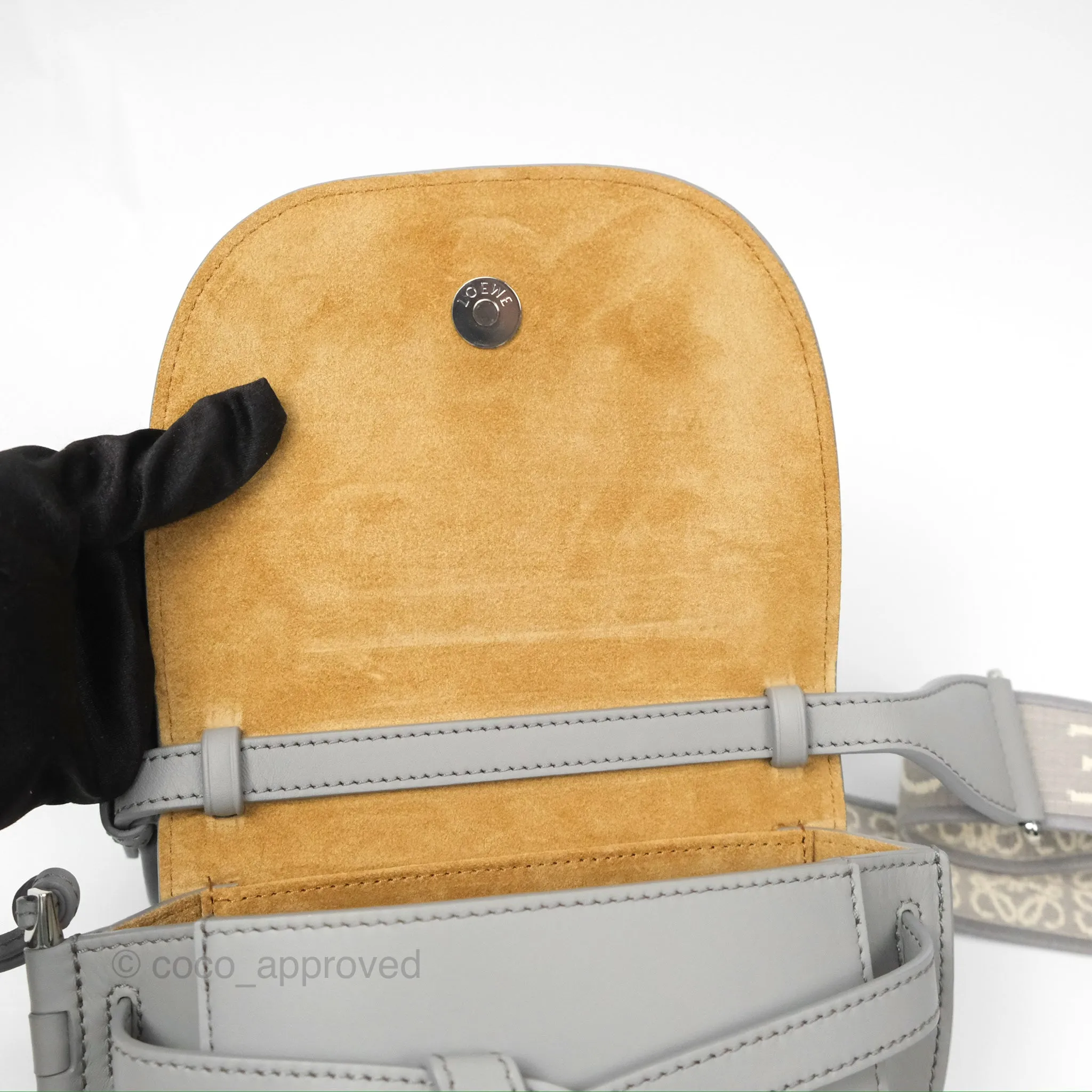 Loewe Mini Gate Dual Bag in Soft Calfskin & Jacquard Strap Light Grey