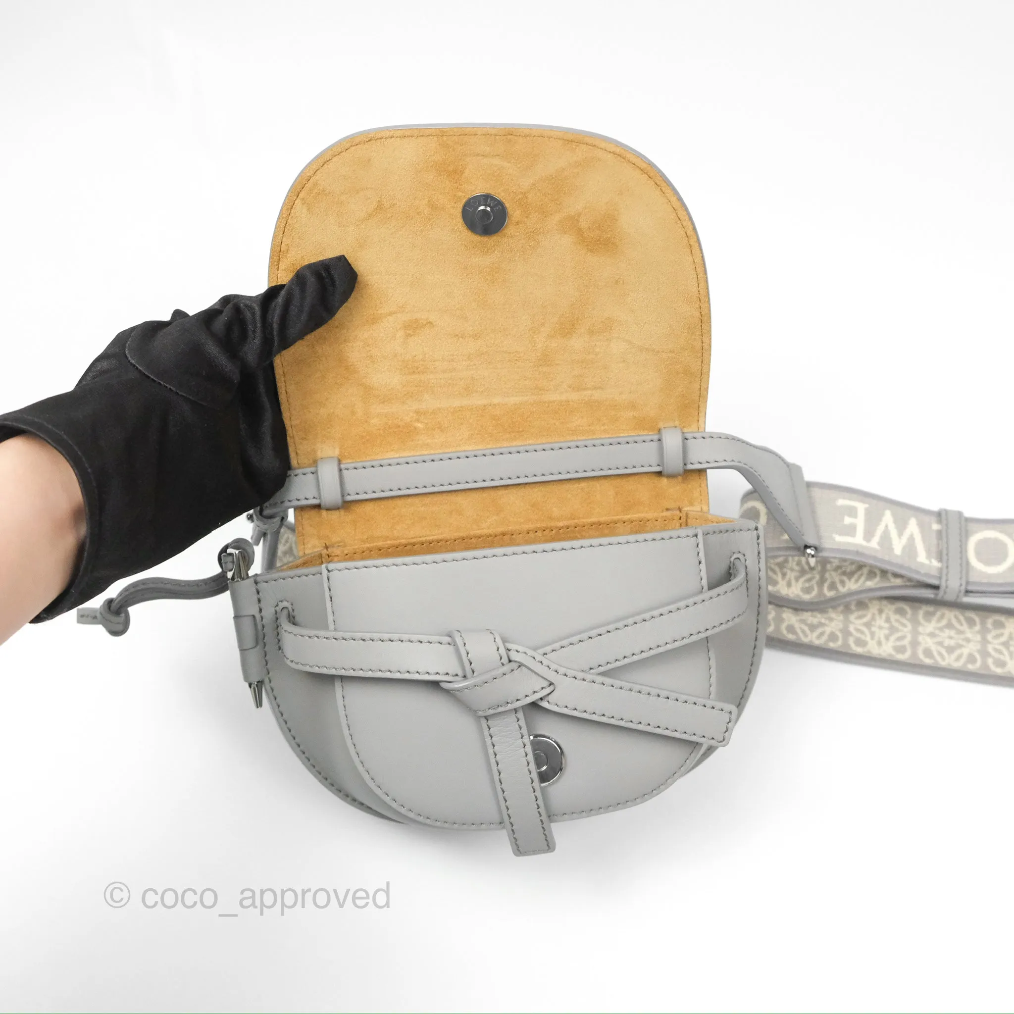 Loewe Mini Gate Dual Bag in Soft Calfskin & Jacquard Strap Light Grey