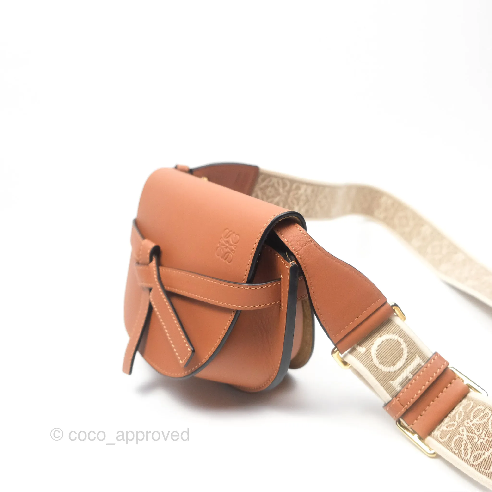 Loewe Mini Gate Dual Bag in Soft Calfskin & Jacquard Strap Tan